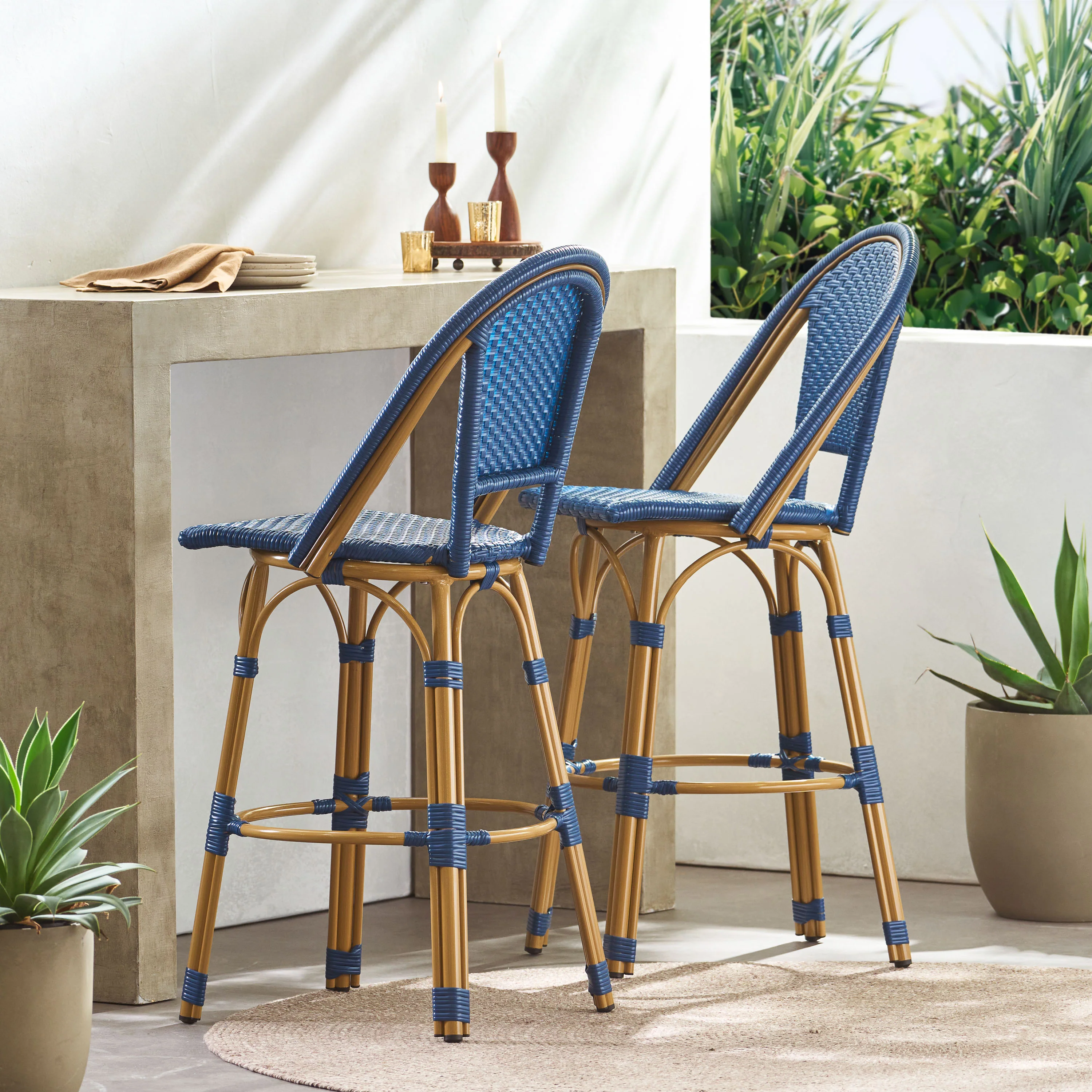 Callisto 29.5 Outdoor Rattan and Aluminum Bar Stool with Curved Back and Footrest