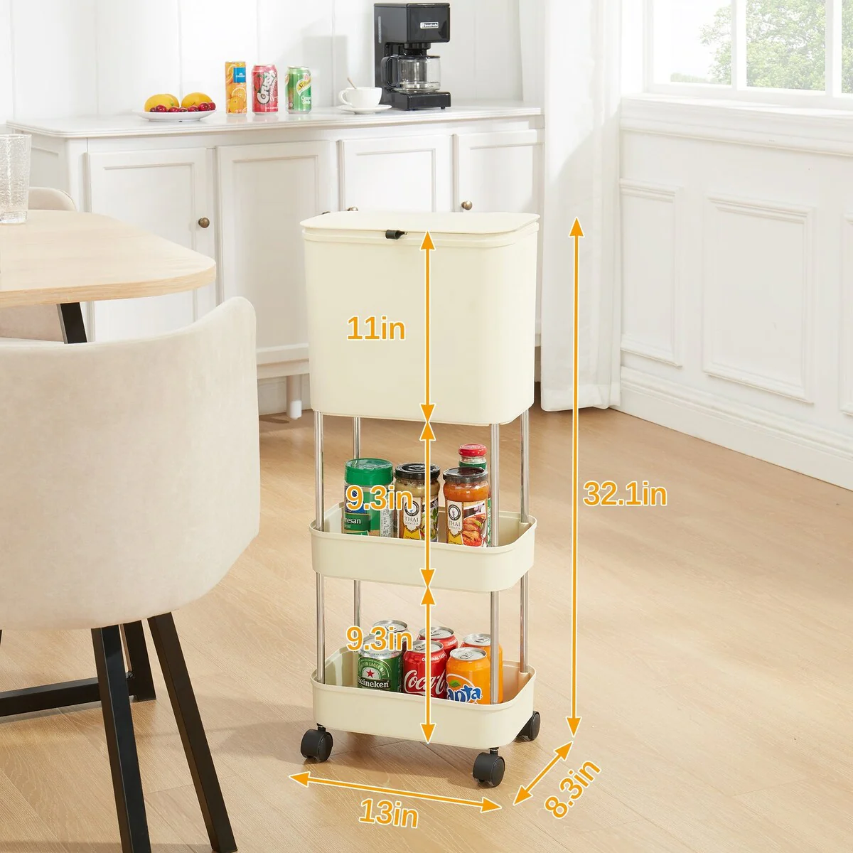 Rolling Utility Cart with Trash Cans, Movable Kitchen Garbage Can with Pop-up Lid and Wheels for Kitchen Bathroom Home Office