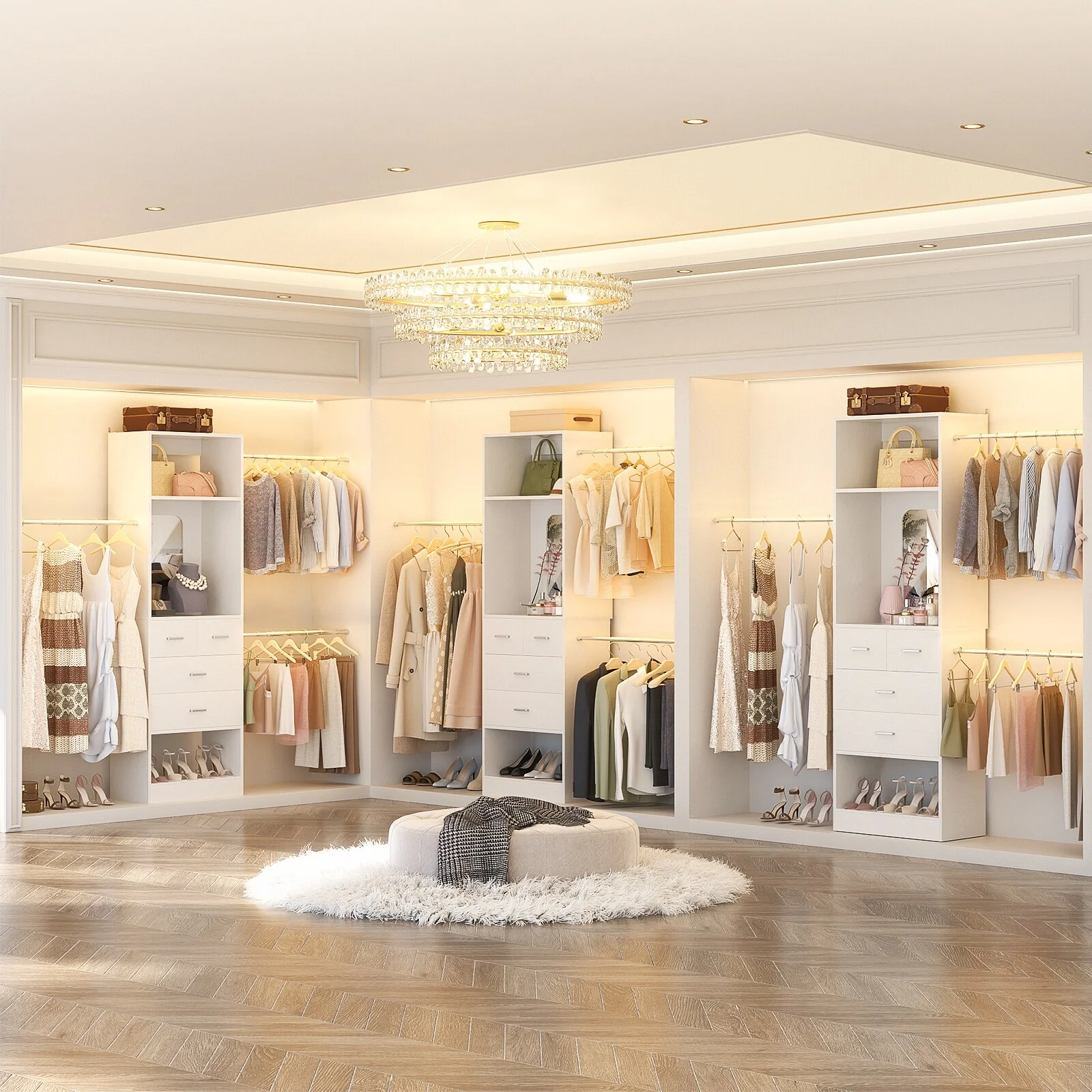 96'' W Closet System with Mirror, 8FT Walk-in Closet Organizer Kits with 4 Wooden Drawers ＆ 3 Extendable Hanging Rods