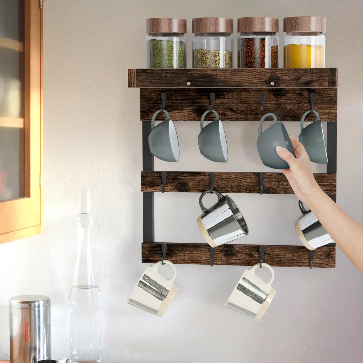 Coffee Mug Display Rack Wall Mounted Shelf with 12 Hooks for Kitchen
