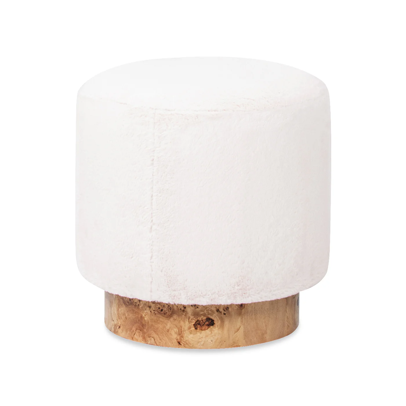 Upholstered Round Ottoman with Burl Wood Veneer Base