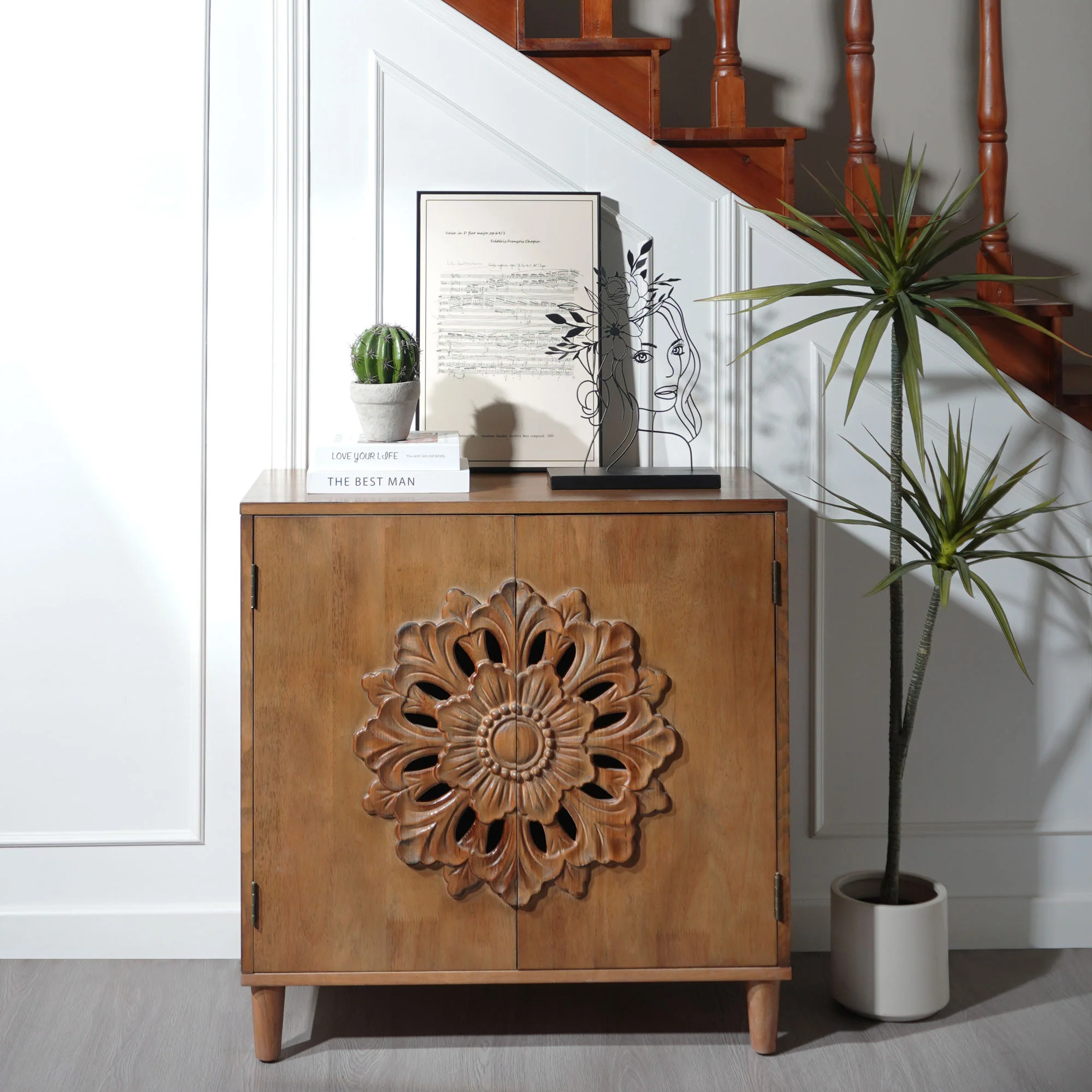 Rustic Hand-Carved Wooden 2-Door Cabinet