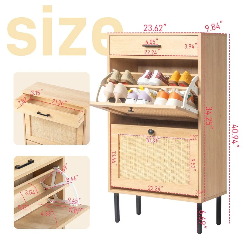 Real Rattan Shoe Cabinet with 2 Flip Drawers & 1 Small Drawer