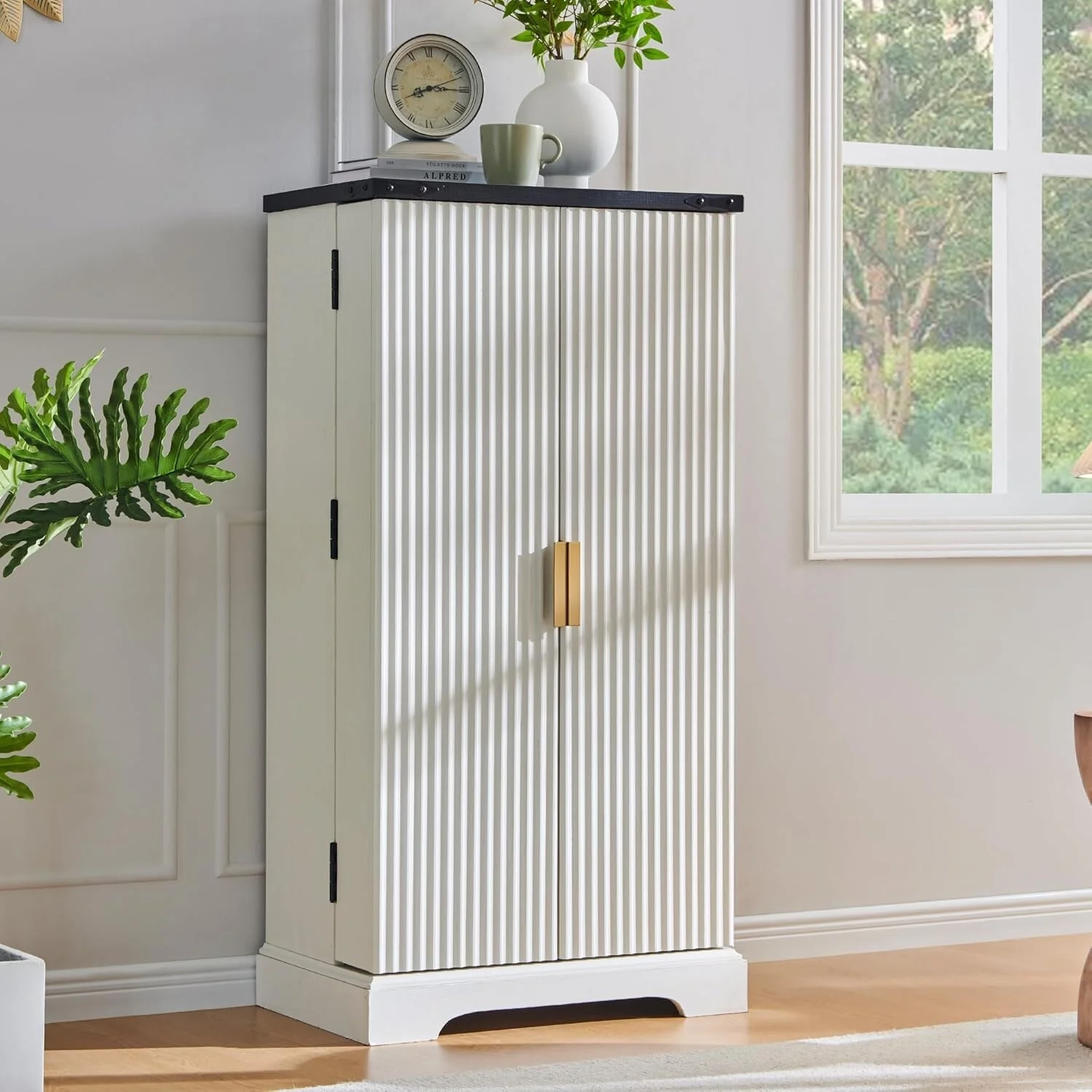 Modern Fluted Pantry Cabinet, Storage Cabinet, Wood Cupboard Organizer