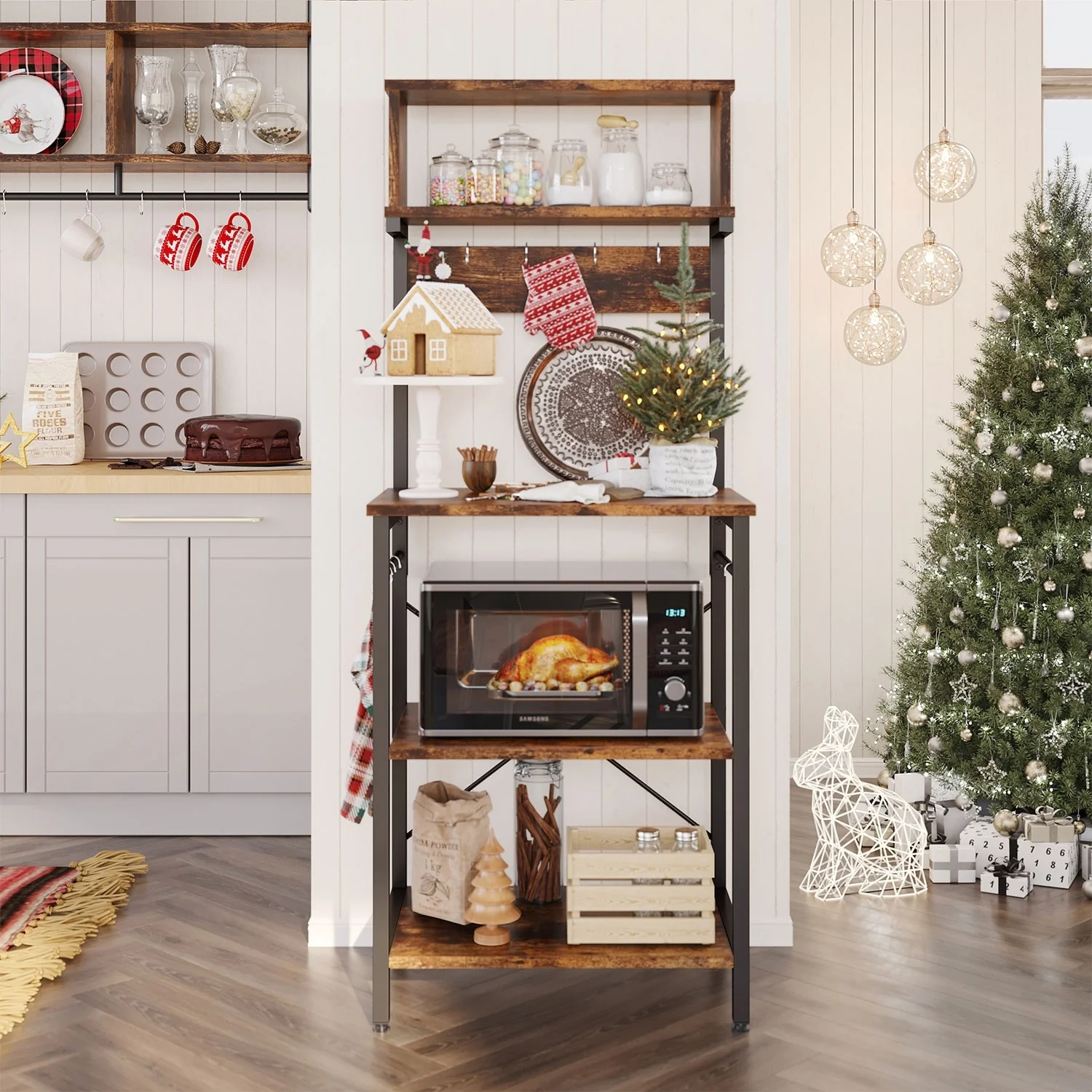 60 Inch Kitchen Baker's Rack with Hutch 8 Side Hooks