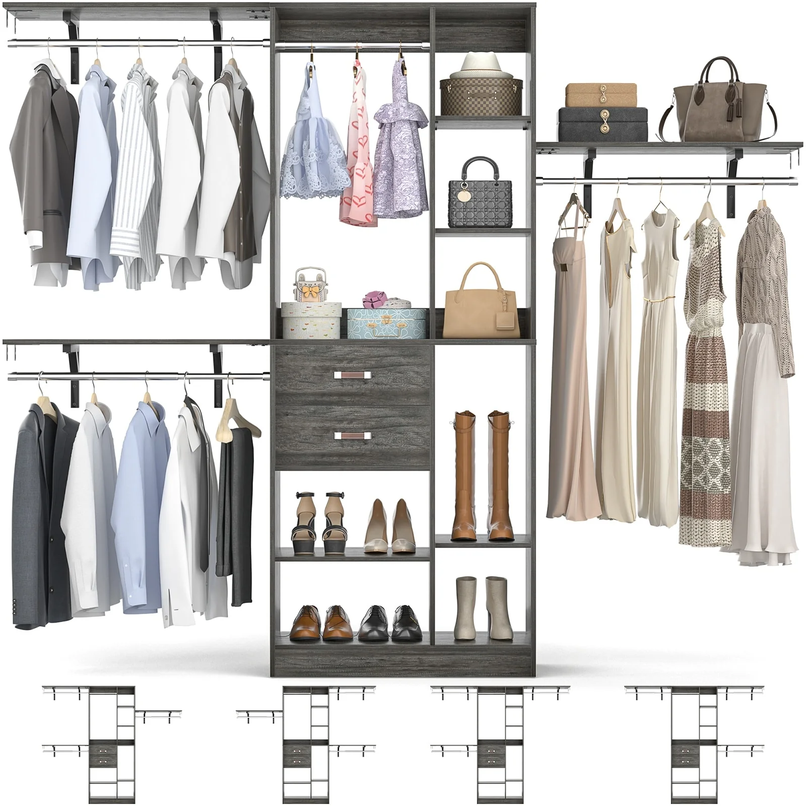 31.5'' to 96'' W Closet Organizer System with Drawers and Tower Shelves for Reach-in and Walk-in Closet
