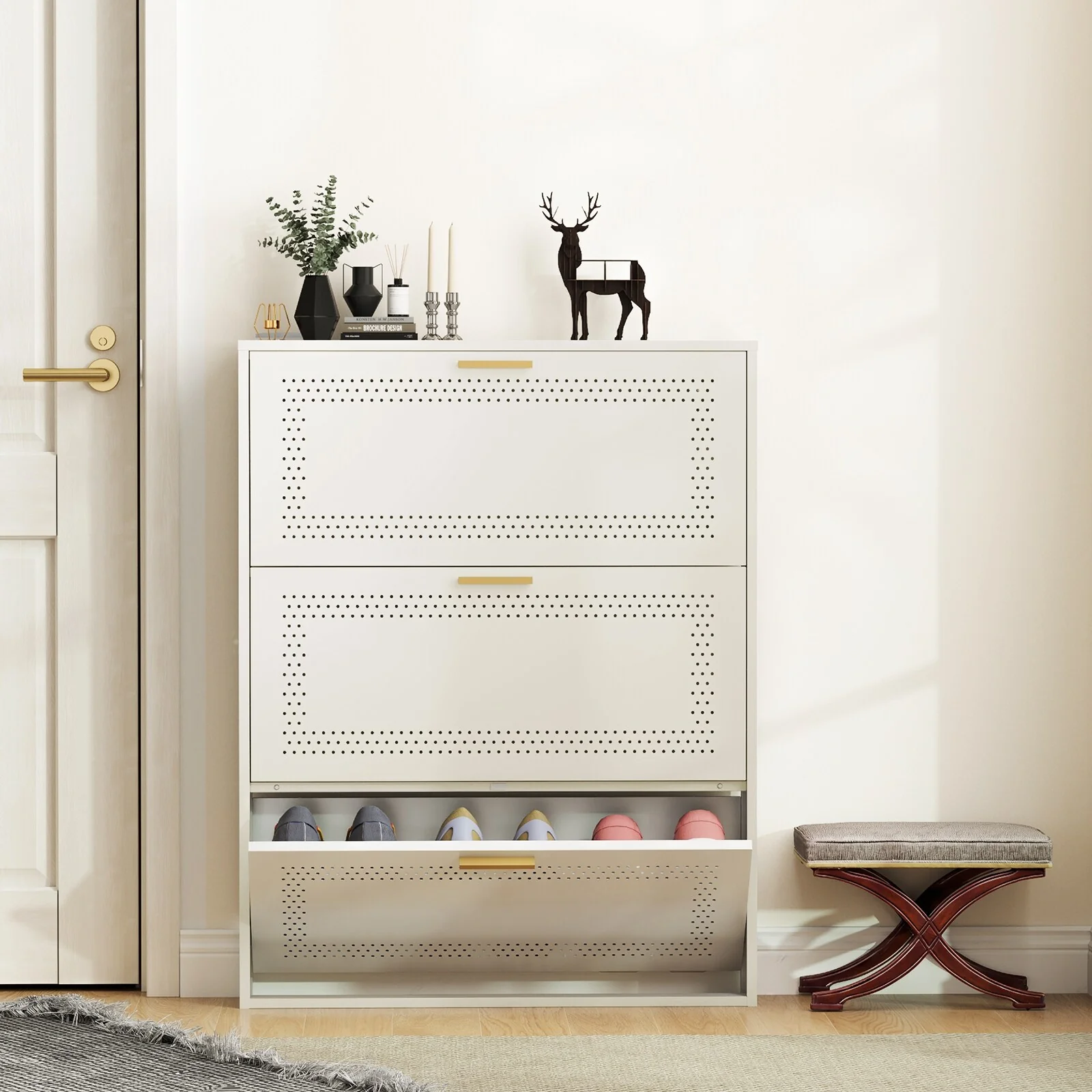 Metal Shoe Storage Cabinet with 3/4 Flip Drawers, Breathable & Space Saving