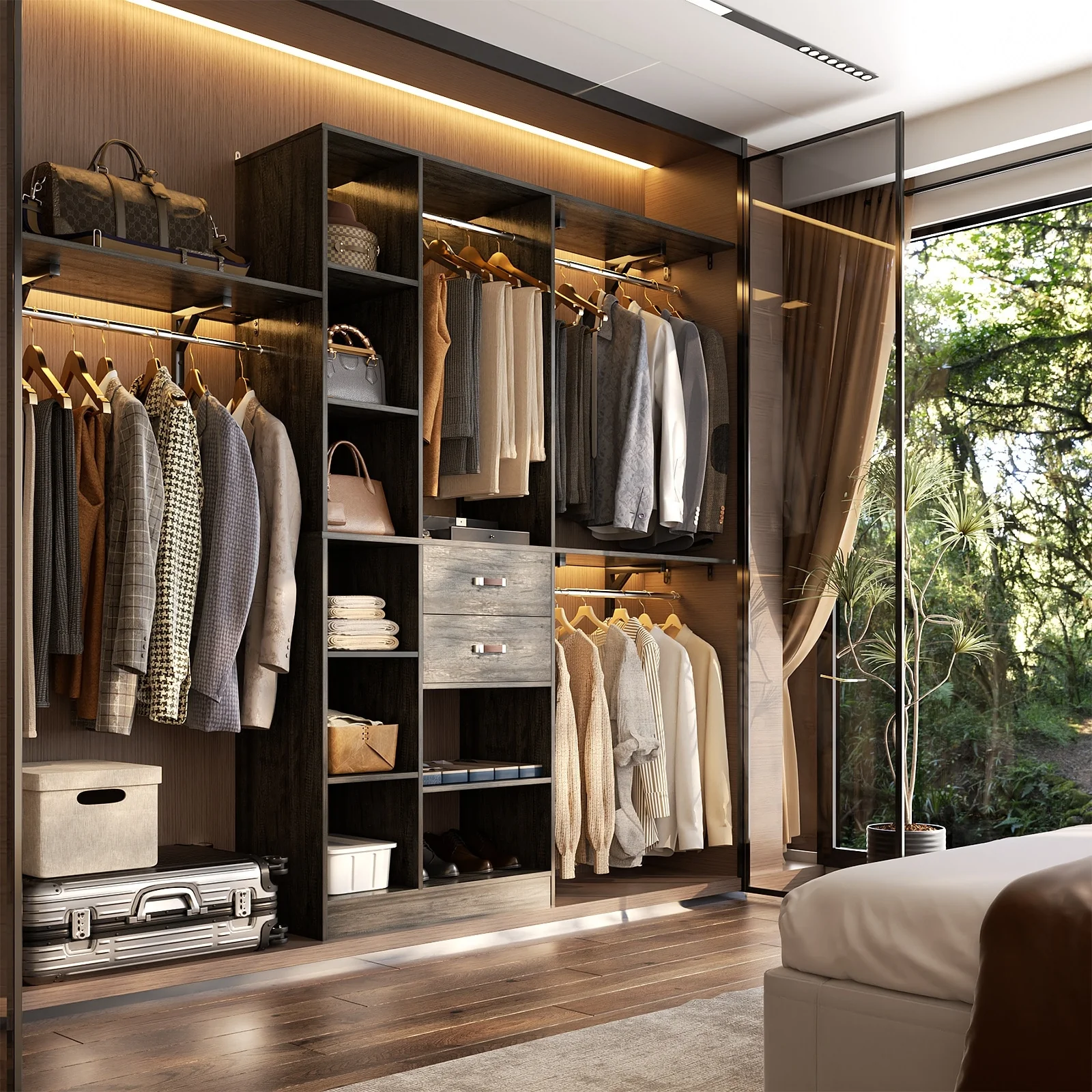 31.5'' to 96'' W Closet Organizer System with Drawers and Tower Shelves for Reach-in and Walk-in Closet