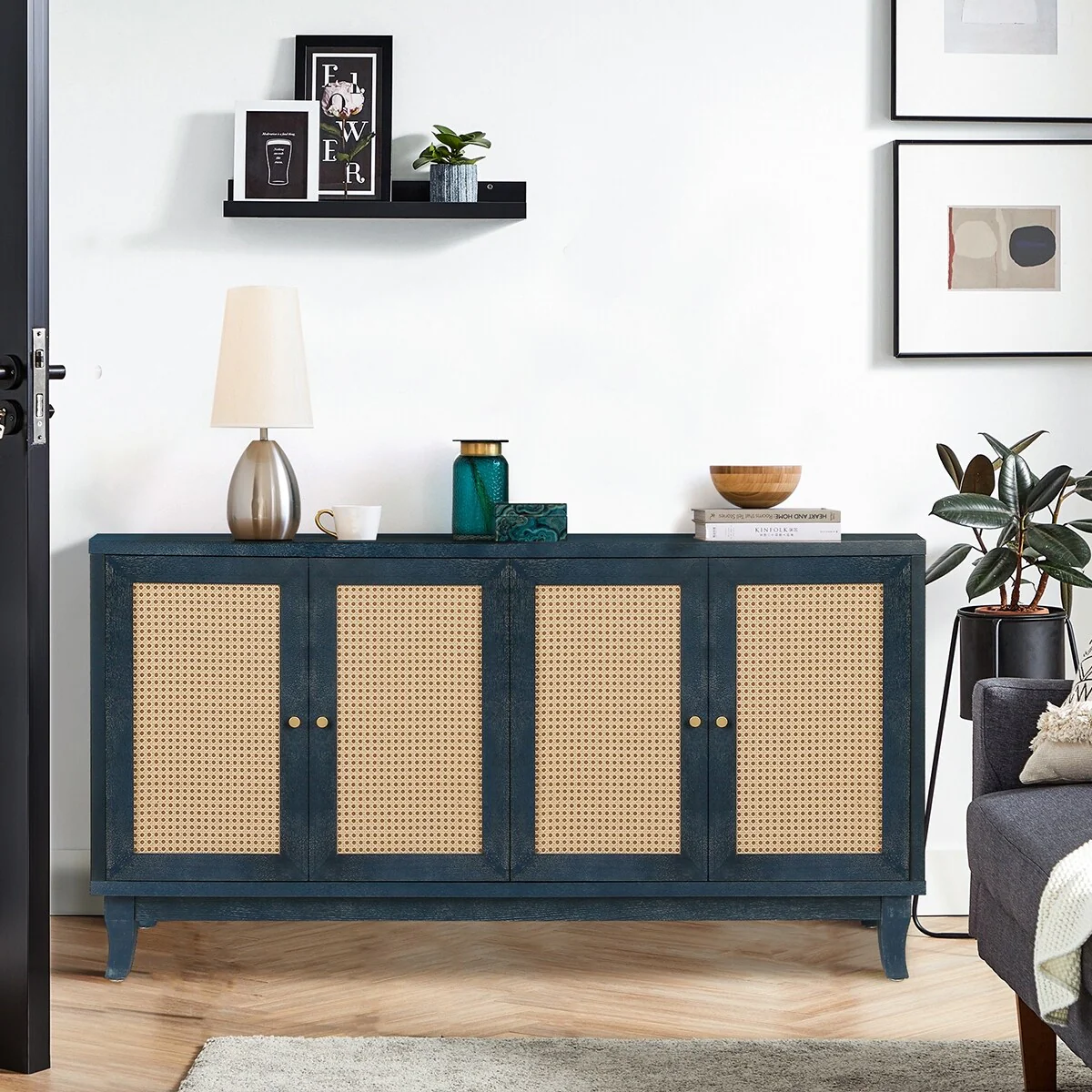 Roomfitters Handcrafted Premium Grain Panels,Rattan Sideboard Buffet Cabinet, Accent Storage Cabinet, Navy Blue - N/A