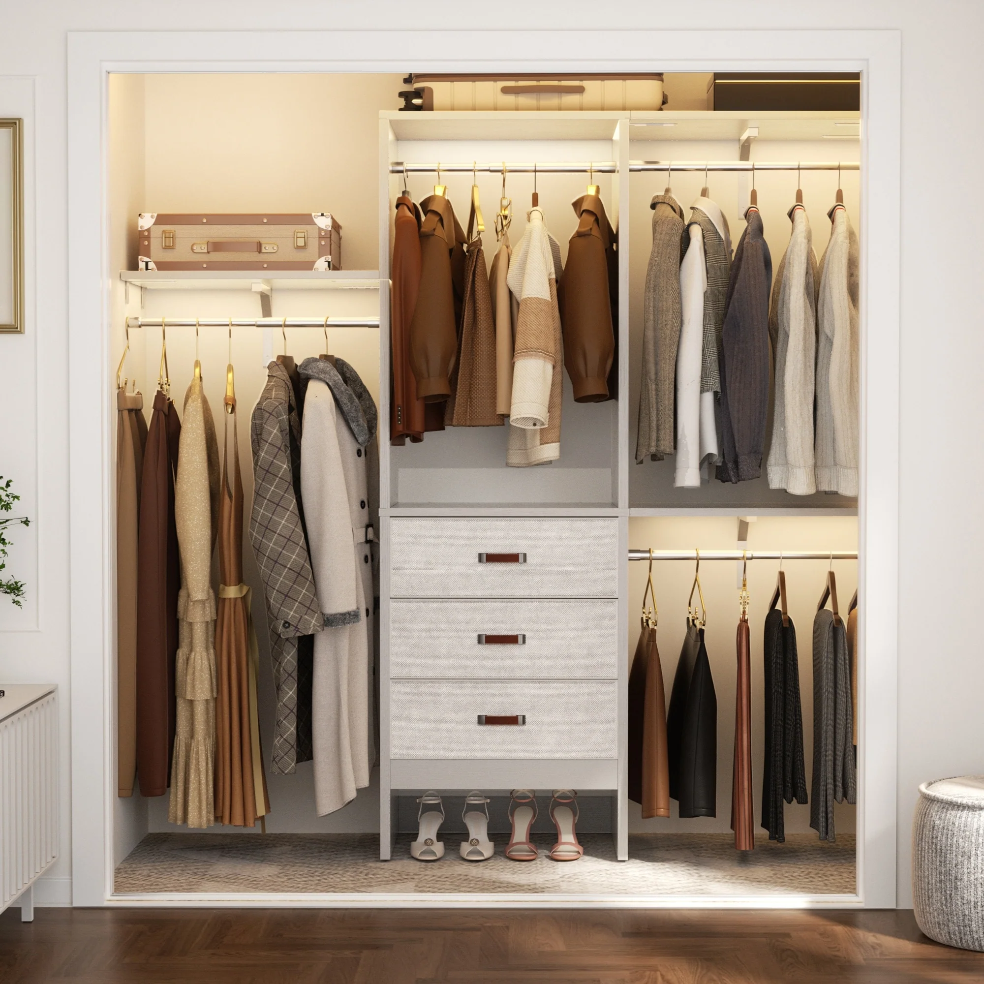 4FT Kid‘s Closet System with Fabric Drawers, DIY Closet Organizer with Adjustable Hanging Rods