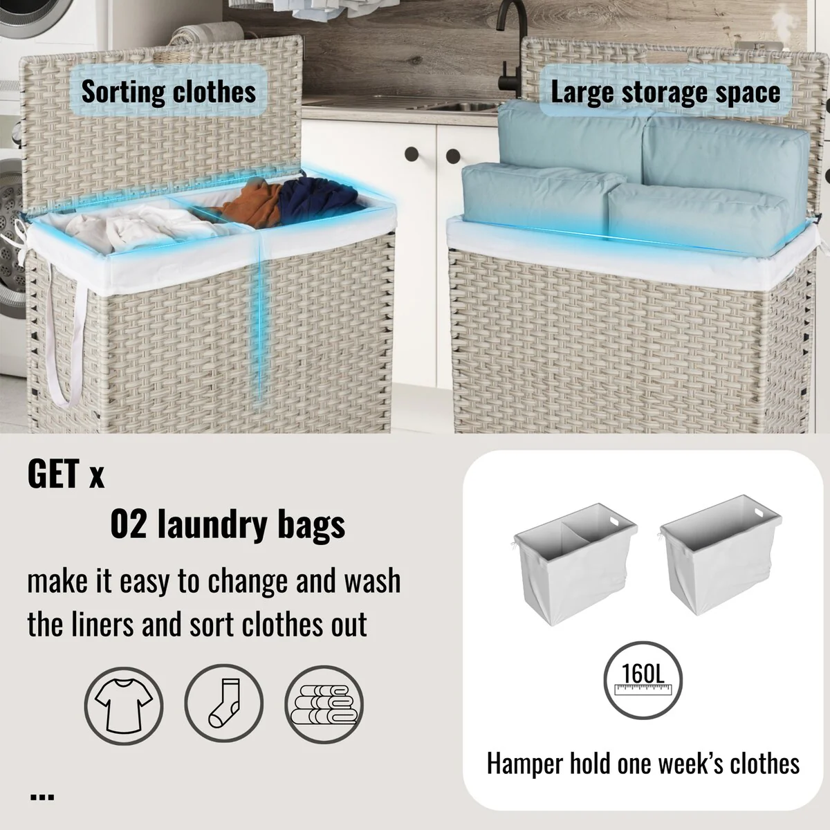 Laundry Hamper with Wheels, 160L Rattan Hampers & 2 Removable Liner Bags, Laundry Basket with Lid - 27