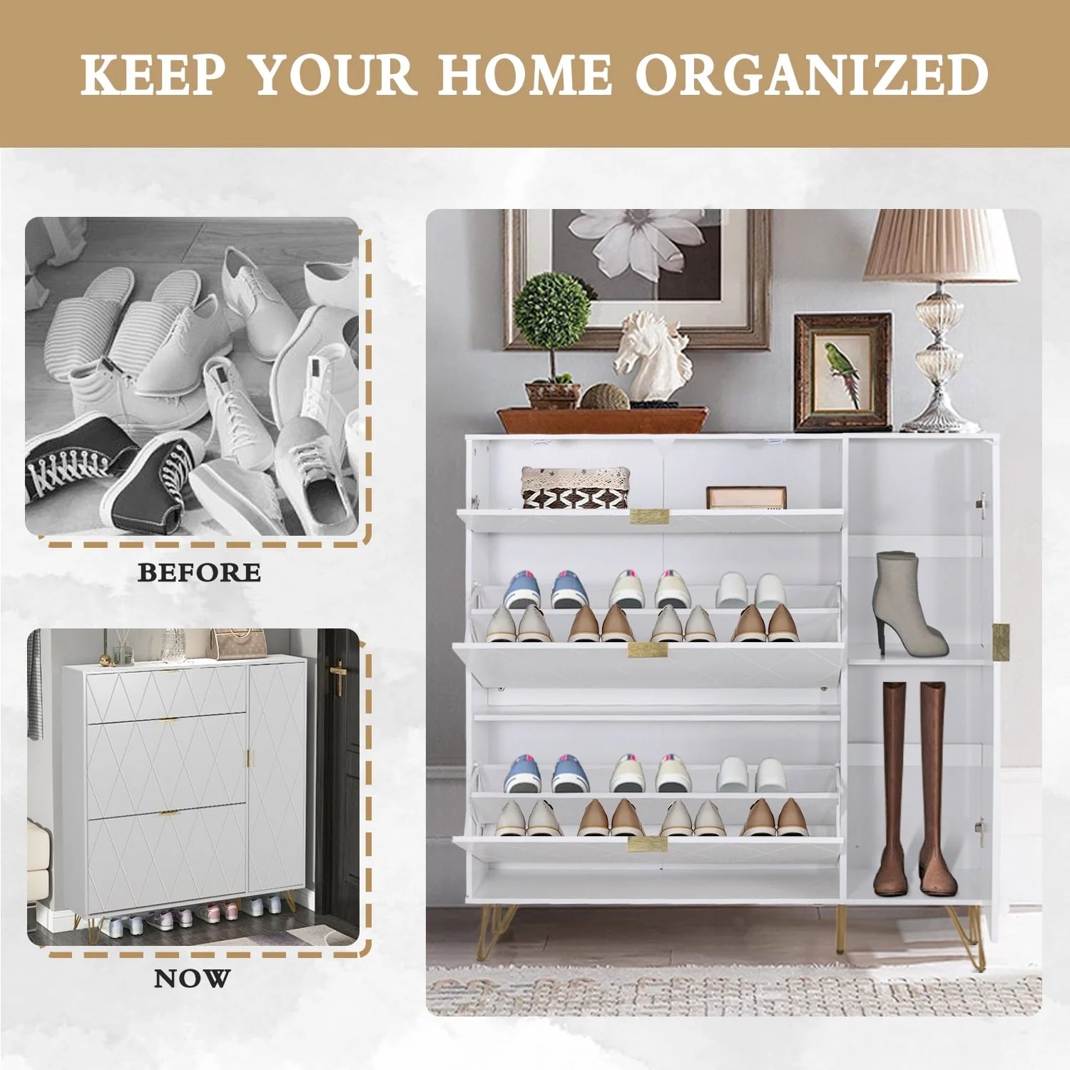 Shoe Cabinet with 3 Flip Drawers & Boot Rack Narrow Shoe Rack