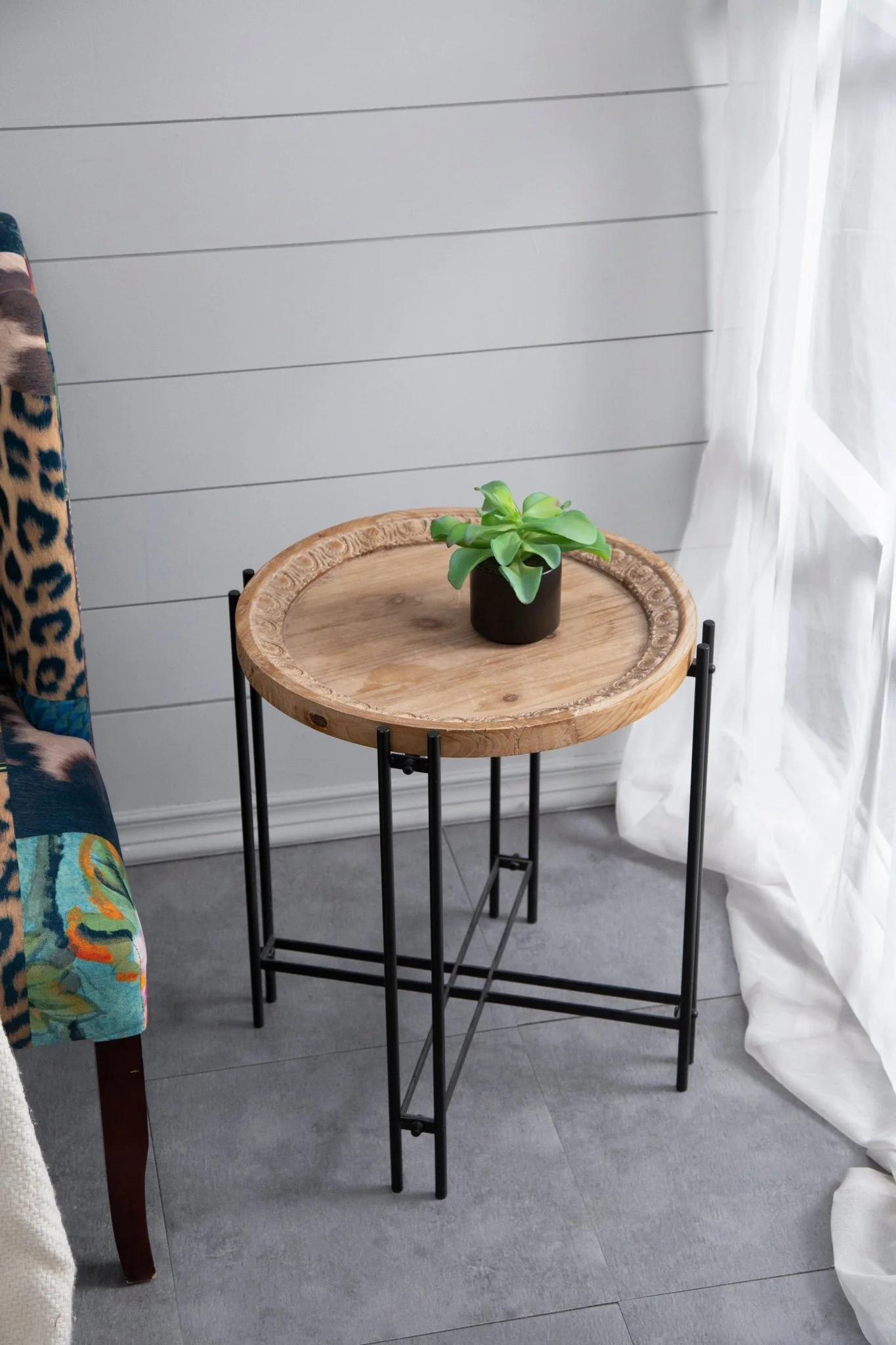 Side Table with Wooden Top and Metal Legs