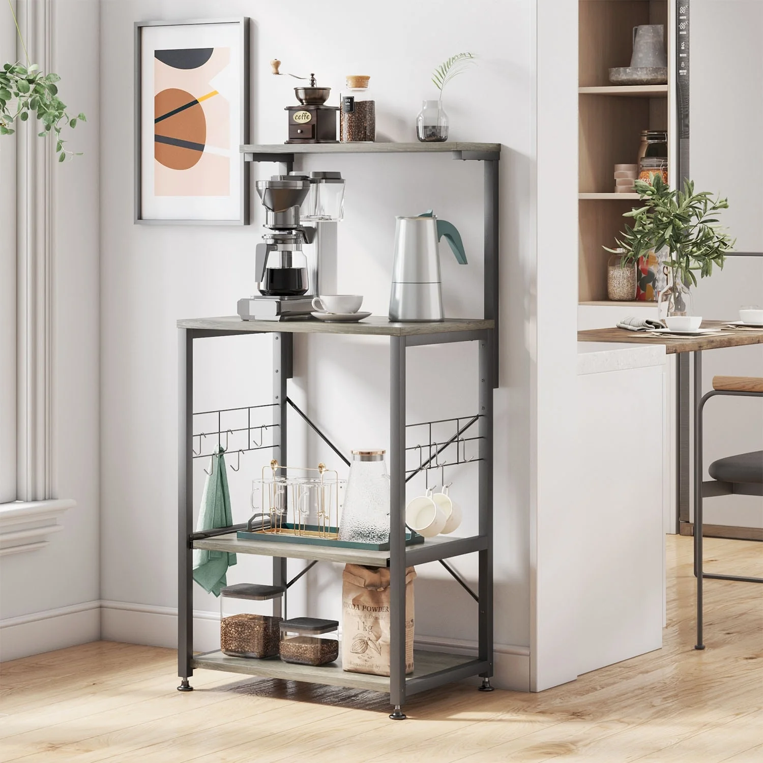 Kitchen Bakers Rack with Storage Shelves &USB Outlets, Microwave Oven Stand Kitchen Shelf Organizer