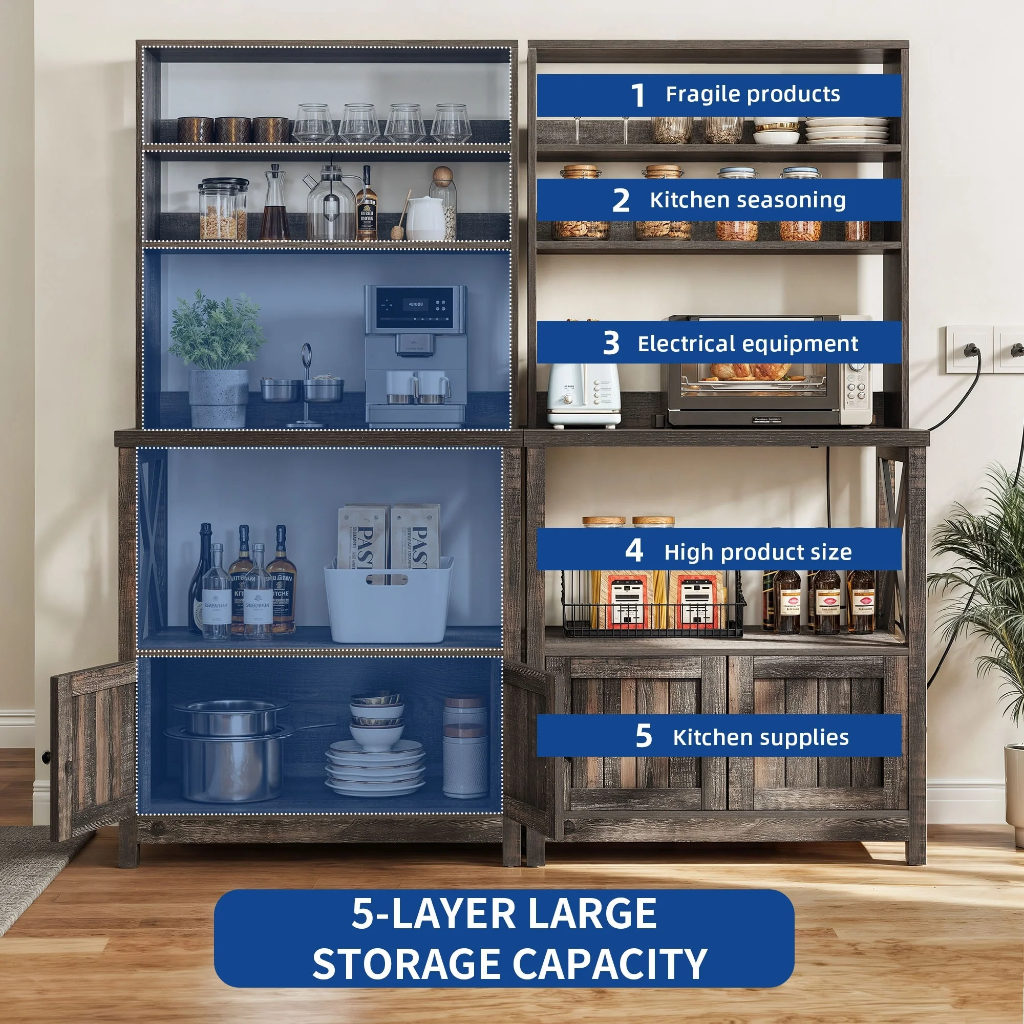 Moasis 5 Tier Kitchen Bakers Rack with Storage Shelves Microwave Oven Stand Kitchen Shelf Organizer
