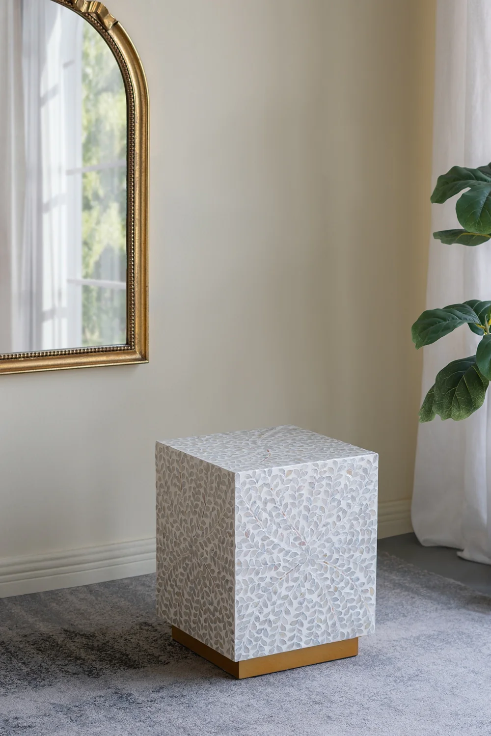 Square White Capiz Side Table