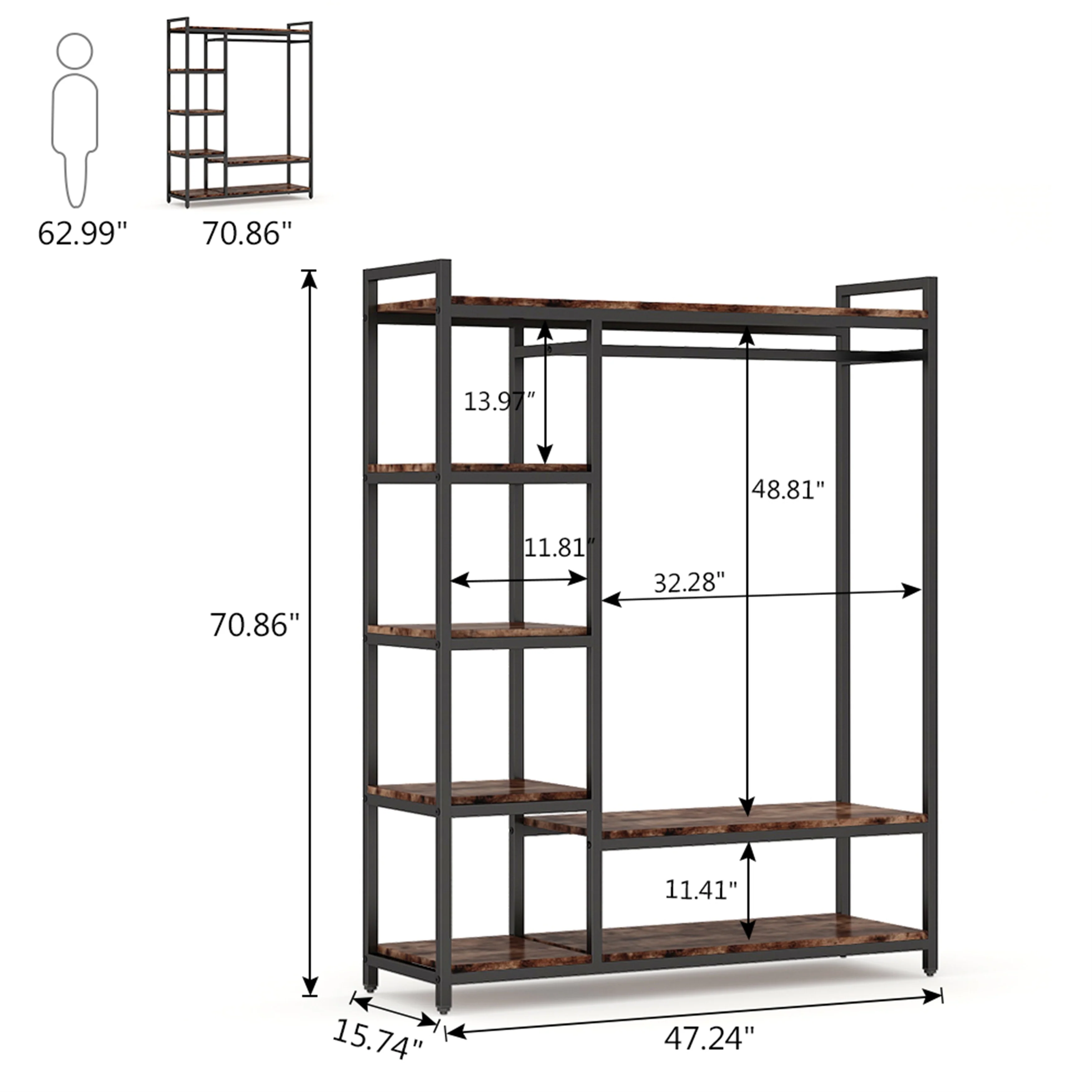 Black/ White Modern Clothes Garment Rack,Metal and Wood Closet Rack Closet Organizer System with Hanging Rod and Shelf