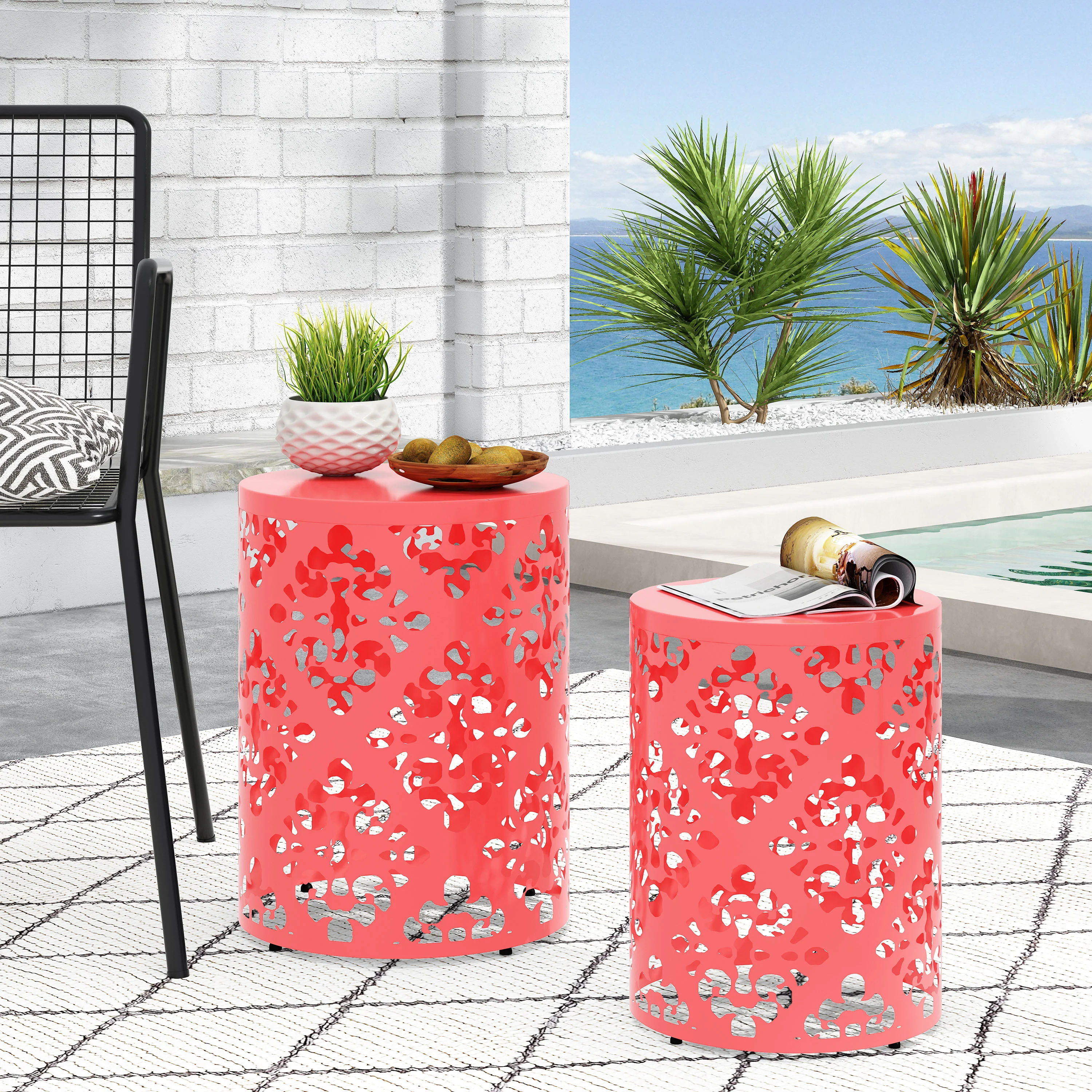 Refinery 2-Piece Outdoor End Table Set with Floral Patten and Iron Cut Design