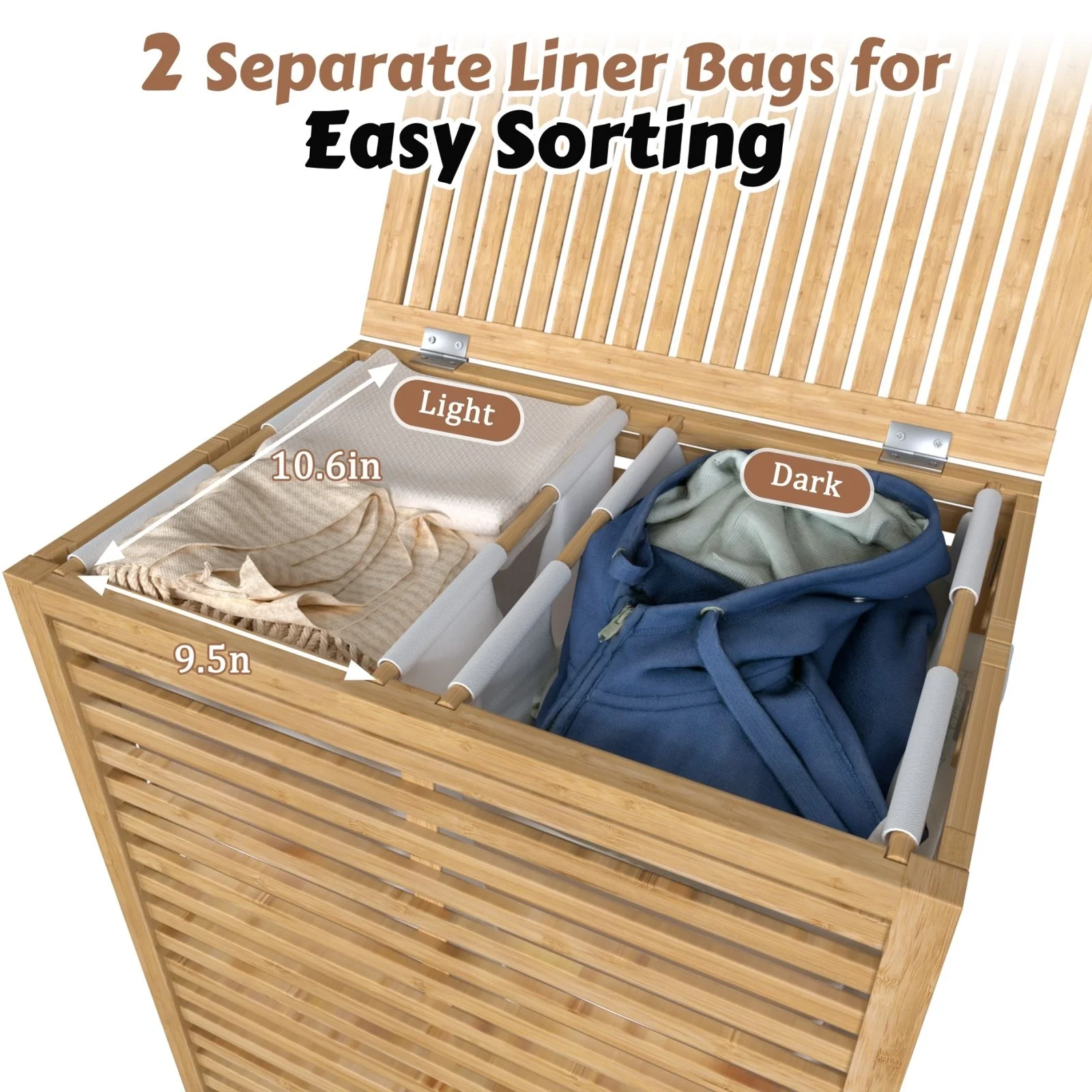 VEIKOUS 2-Section Bamboo Hamper Laundry Basket with Lid and Removable Liner Bags for Clothes - 22''W × 25.3''H × 14''D