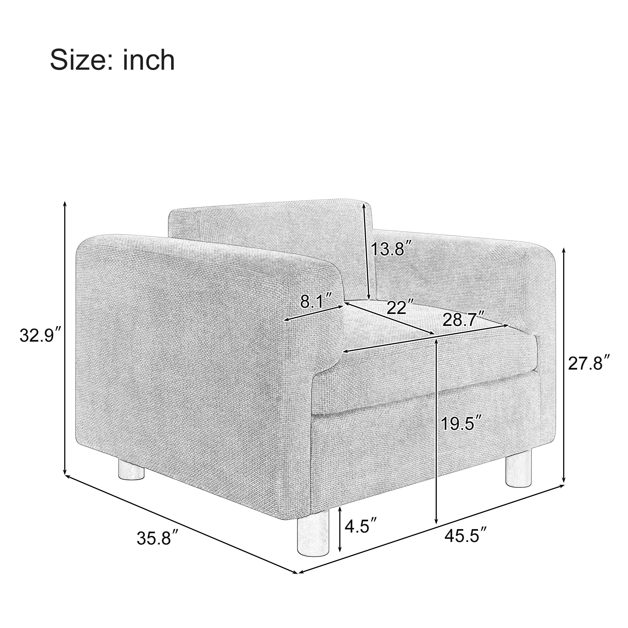 Elixired Upholstered Arm Chair with Tucked Armrests and Round Rubberwood Legs