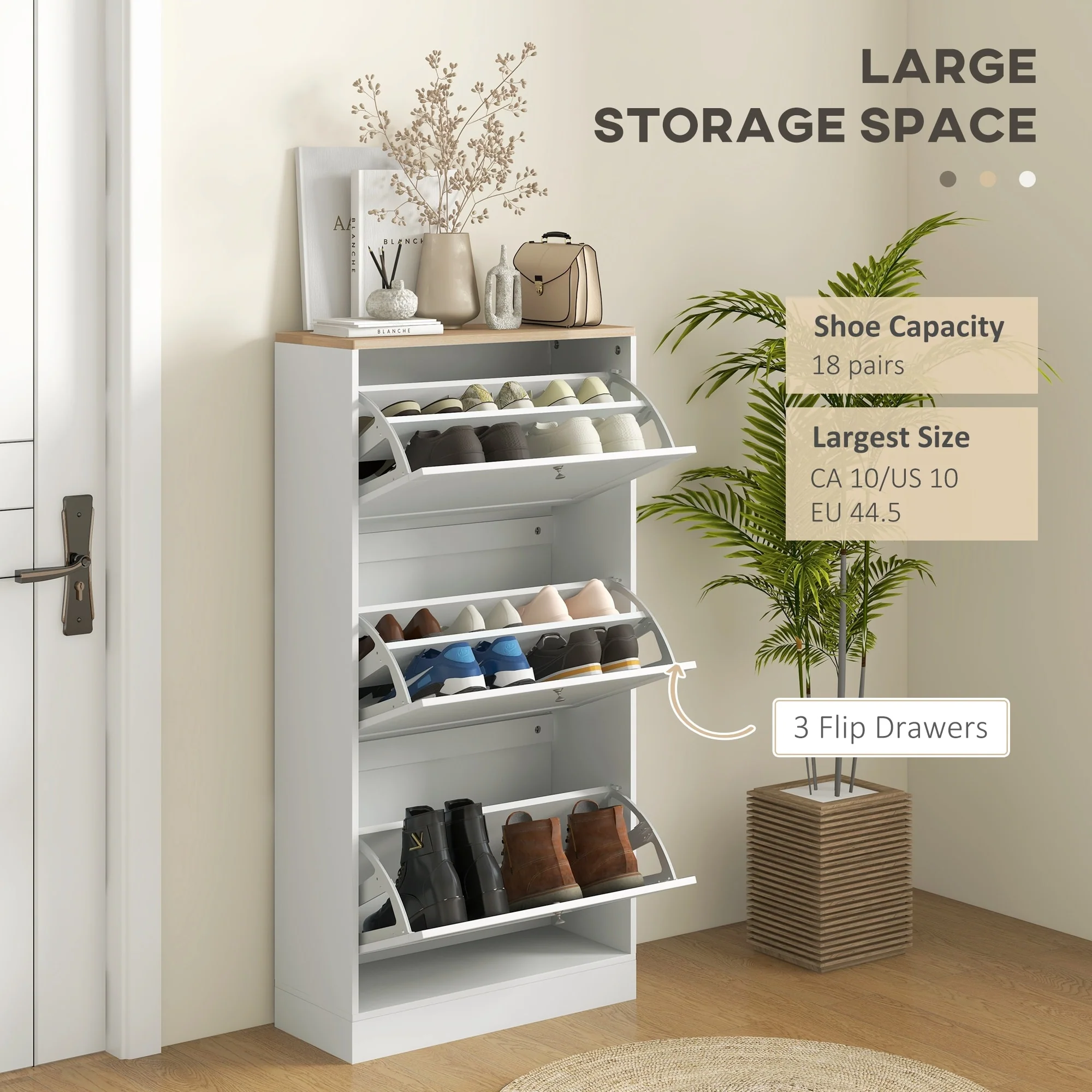 HOMCOM Narrow Shoe Storage Cabinet for Entryway with 3 Flip Drawers and Adjustable Shelves