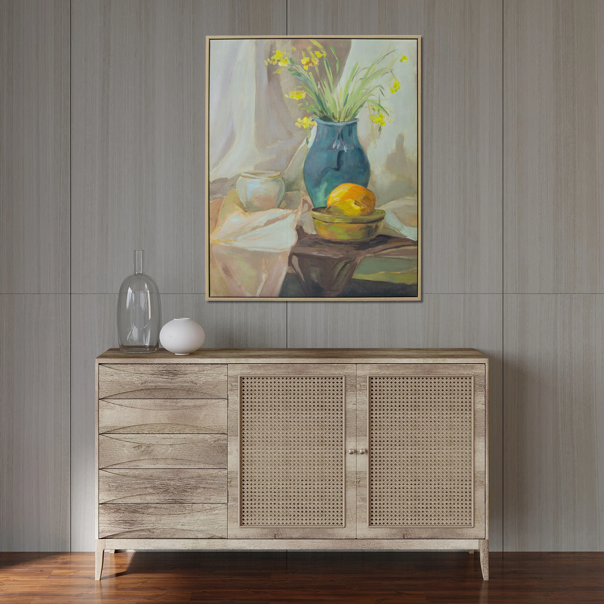 Still Life Vase Hand Painted Floating Framed Wall Art Print 24x36 Inches