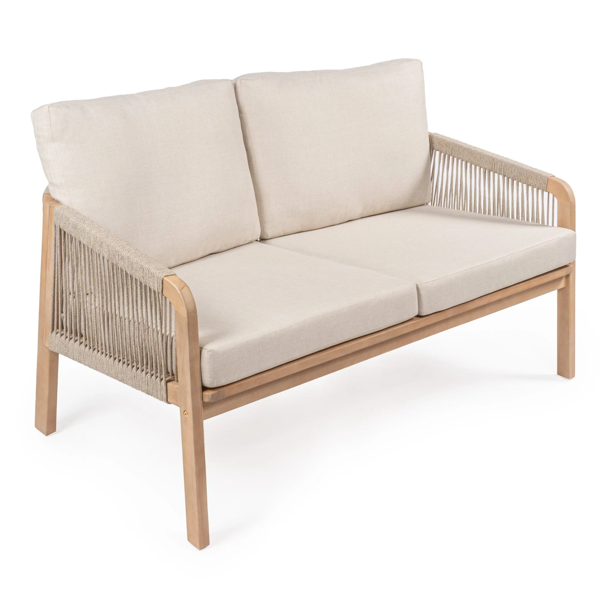 Arwen Modern Bohemian Roped Acacia Wood Outdoor Loveseat with Cushions, Beige/Light Teak