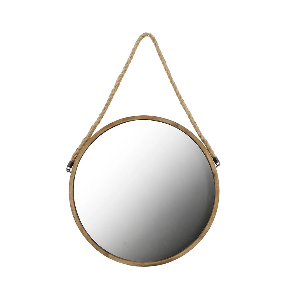 Round Wall Mirror with Jute Handle and Wood Frame