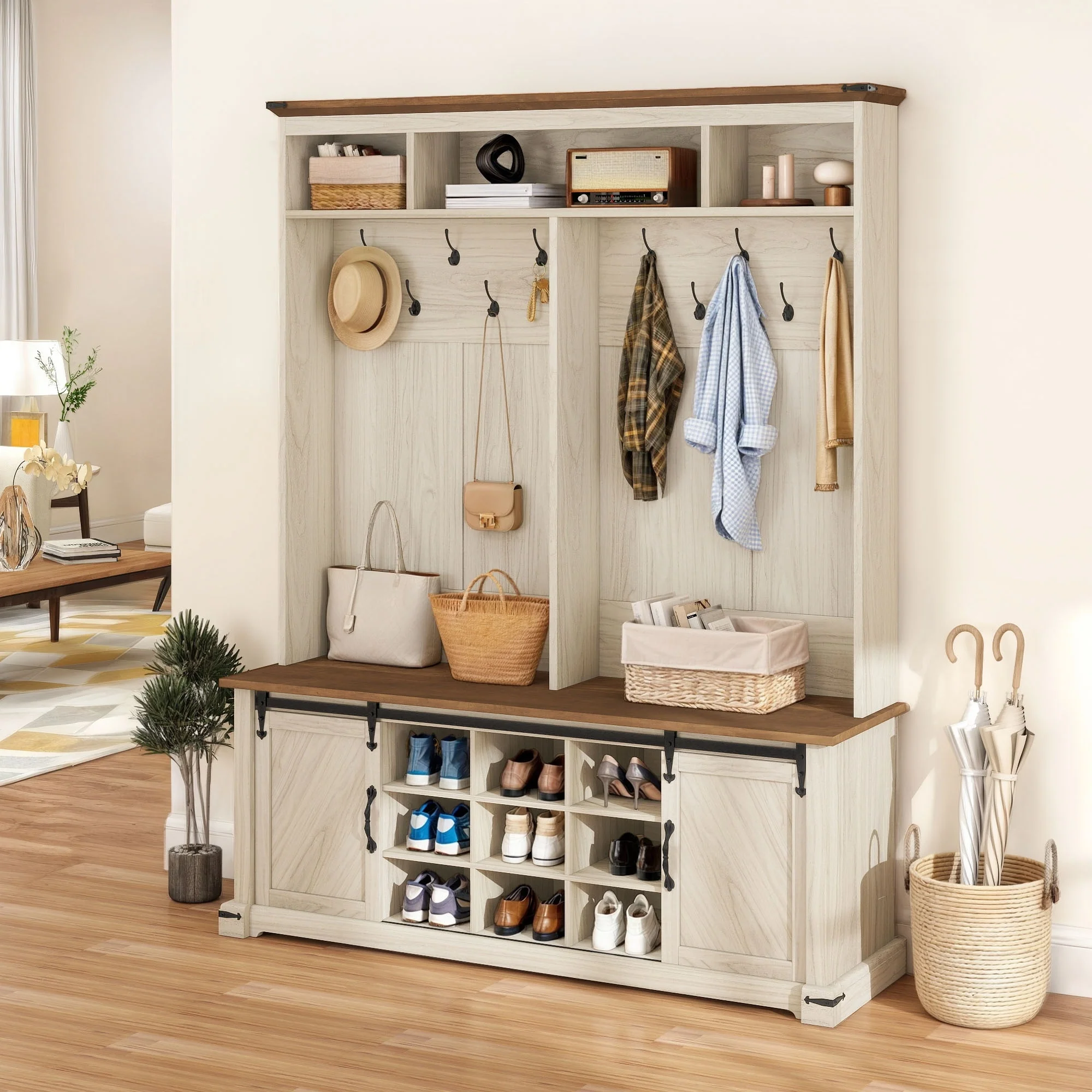 Moasis Farmhouse Hall Tree with Bench and Shoe Storage with 10 Hooks for Entryway