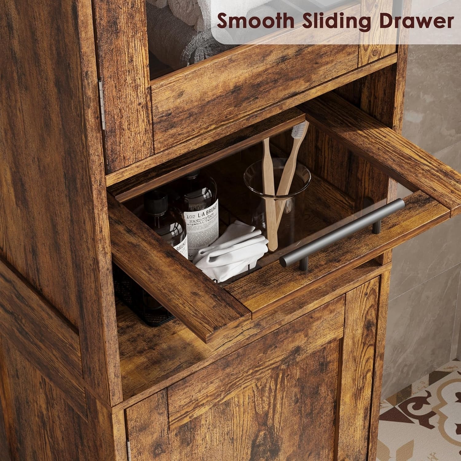 Tall Bathroom Cabinet, Linen Storage Cabinet with Doors and Adjustable Shelves and Drawer