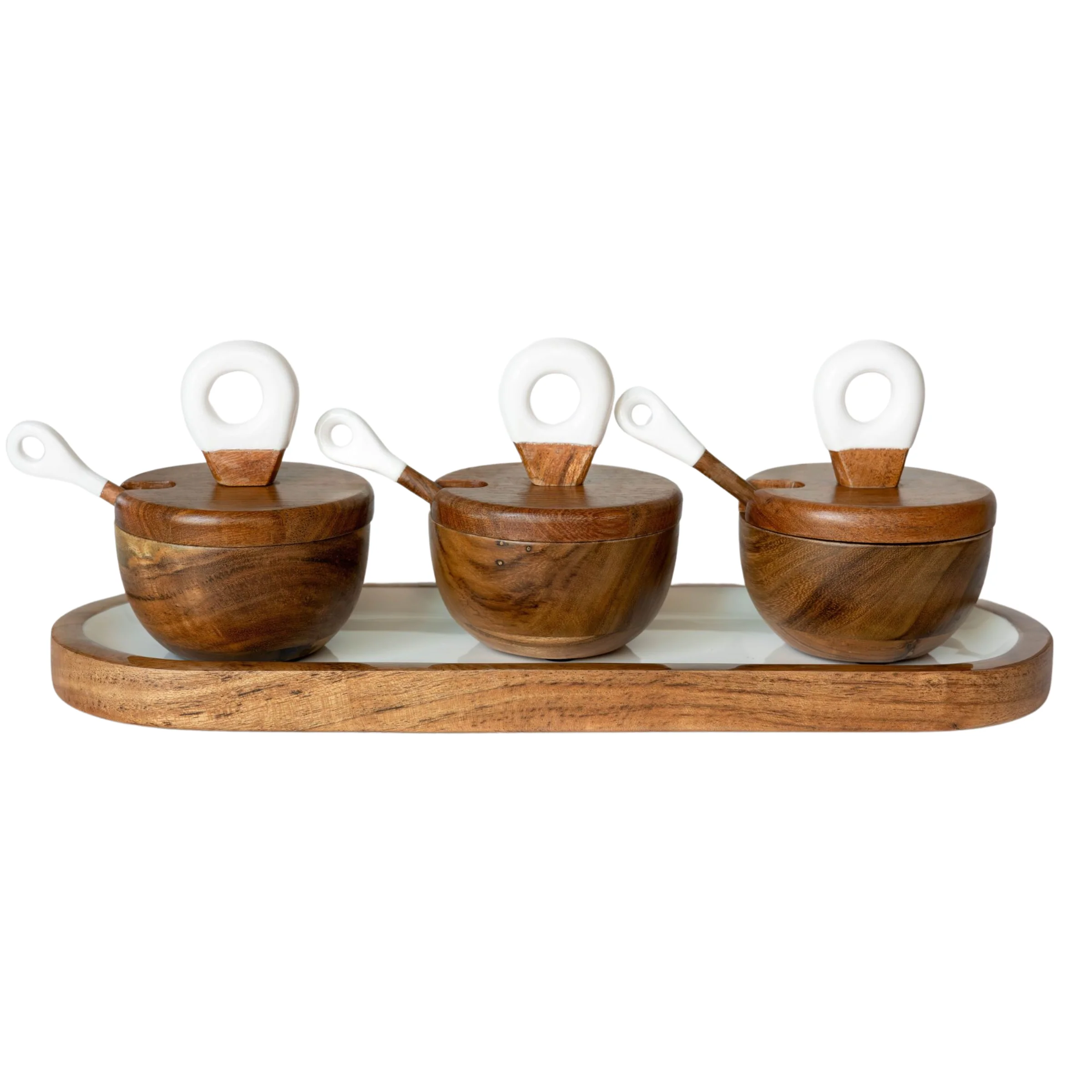 Jeanne Fitz Wood + White Collection Acacia Wood 3 Dipping Bowls with Charcuterie Utensils