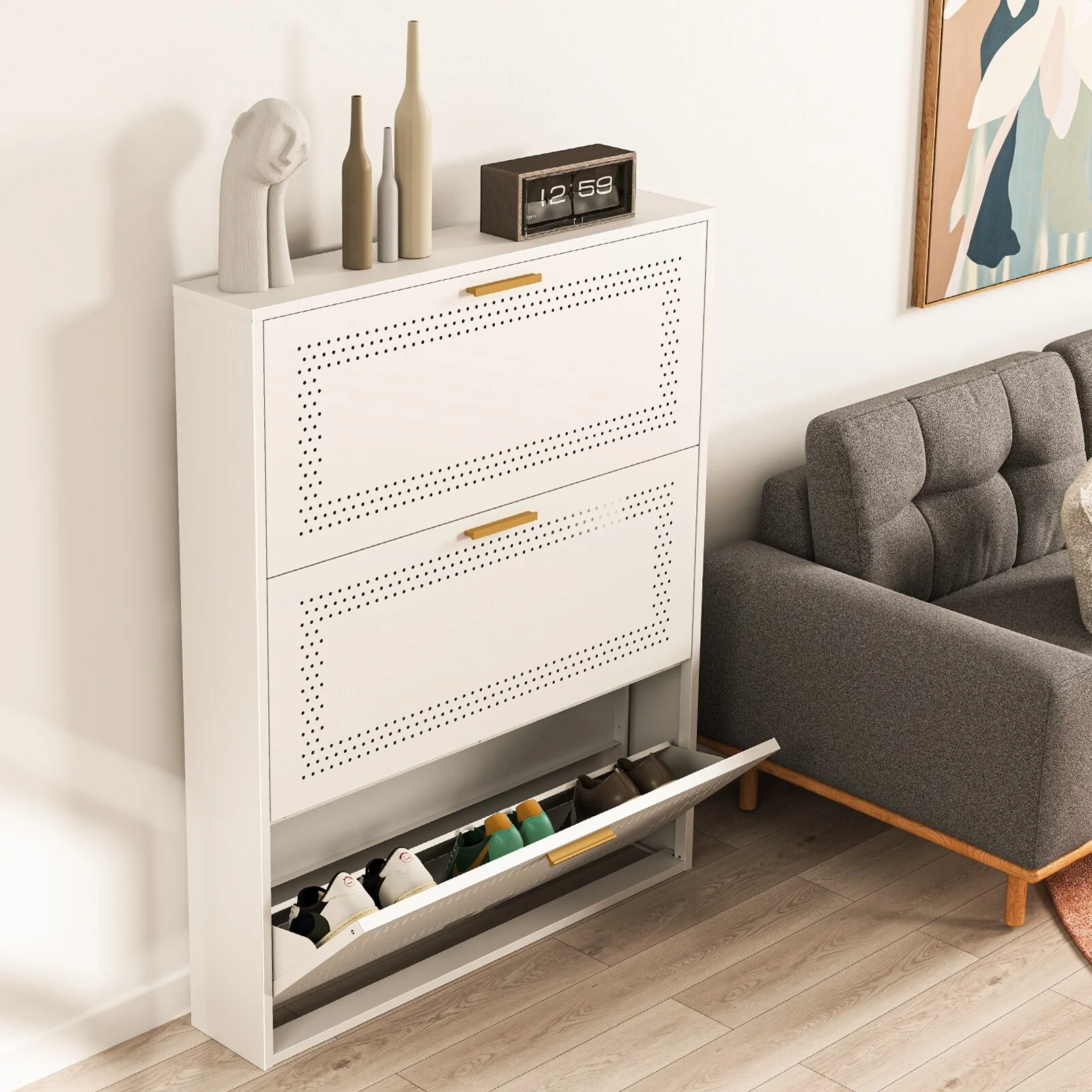 Metal Shoe Storage Cabinet with 3/4 Flip Drawers, Breathable & Space Saving