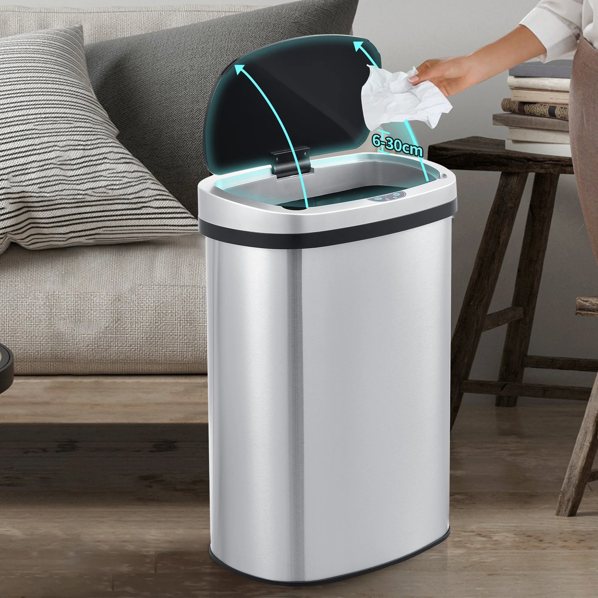 Innovaze 13 Gal./50 Liter Stainless Steel Oval Motion Sensor Trash Can for Kitchen