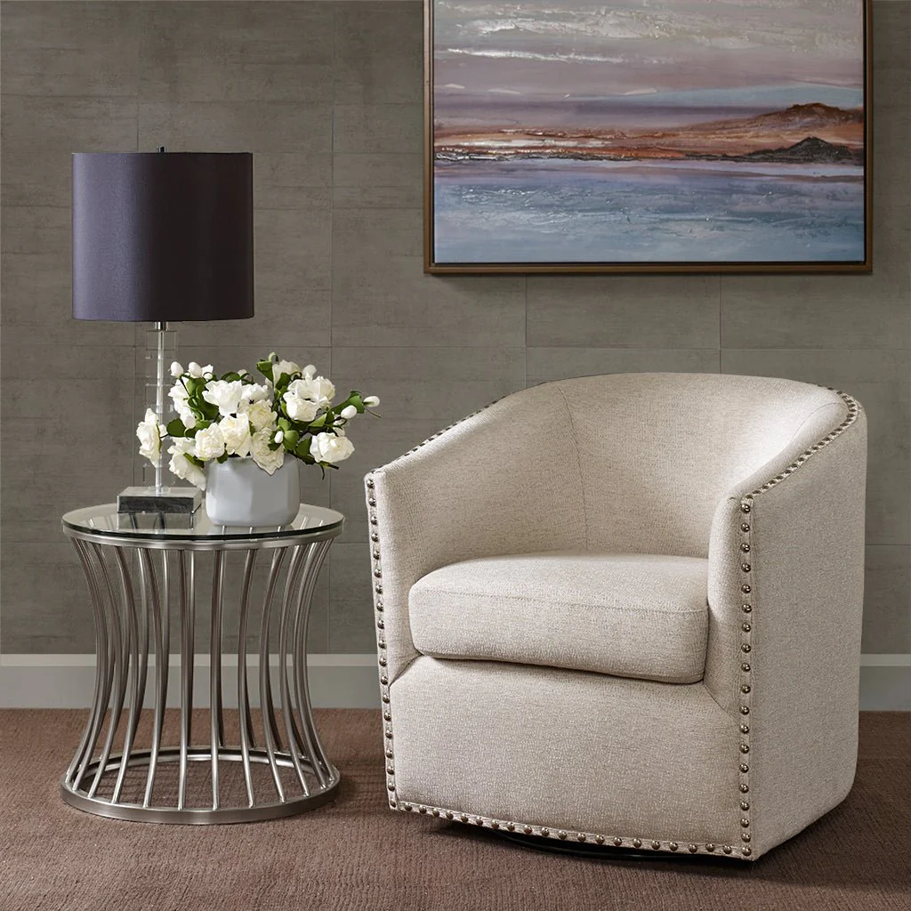 Fantasyy Upholstered Swivel Chair with Nailhead Trim and Curved Design