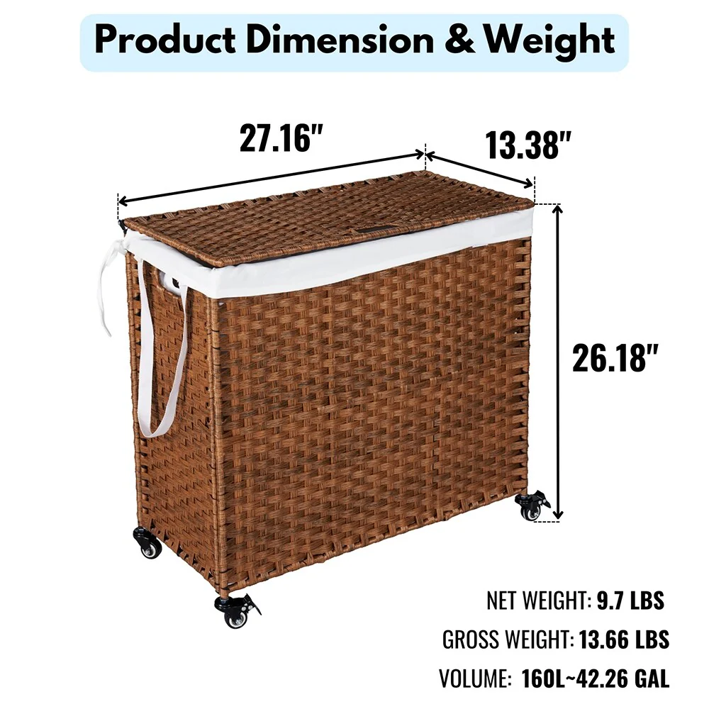 Laundry Hamper with Wheels, 160L Rattan Hampers & 2 Removable Liner Bags, Laundry Basket with Lid - 27
