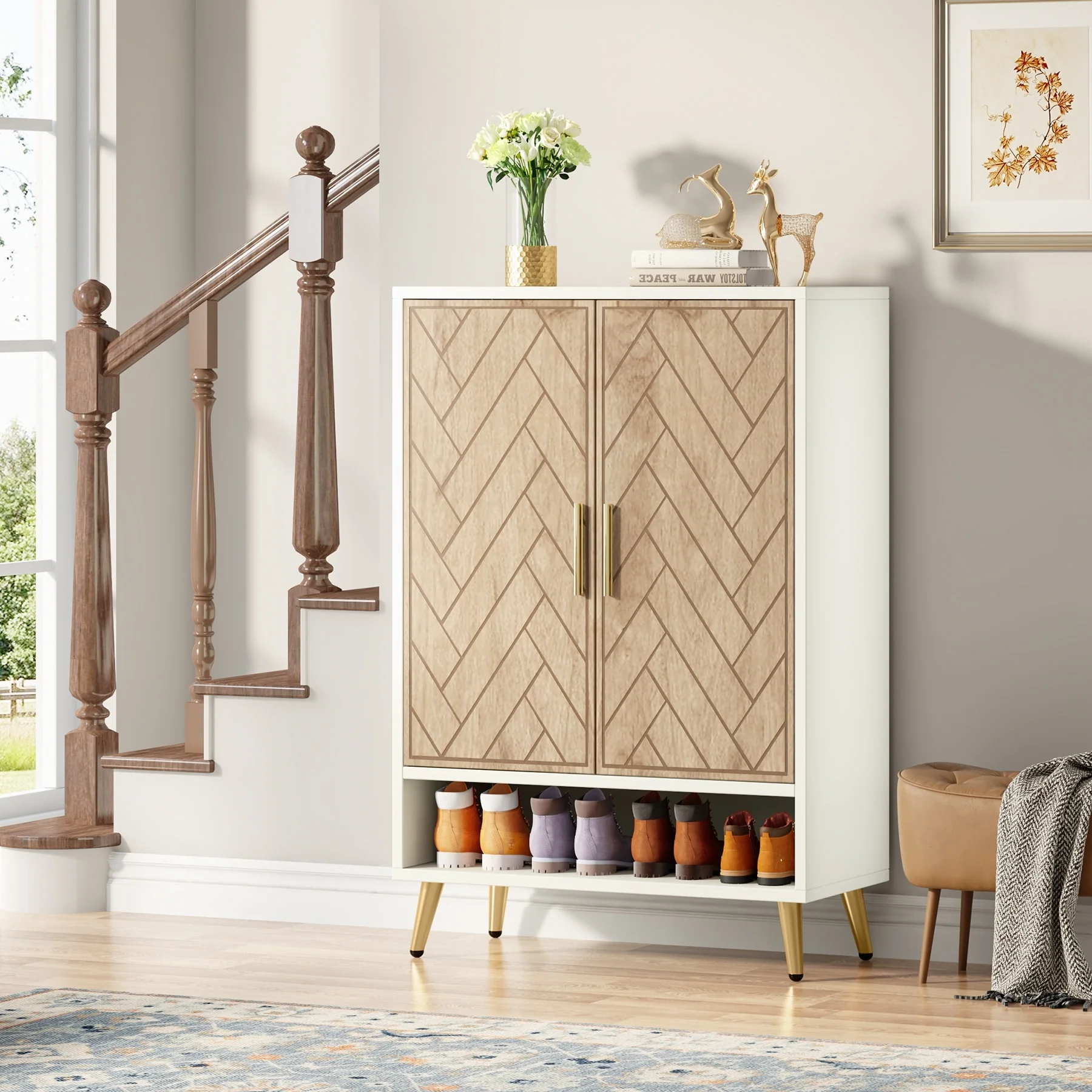 Walnut Shoe Cabinet, 6-Tier Wooden Shoe Organizer with Stable Leg