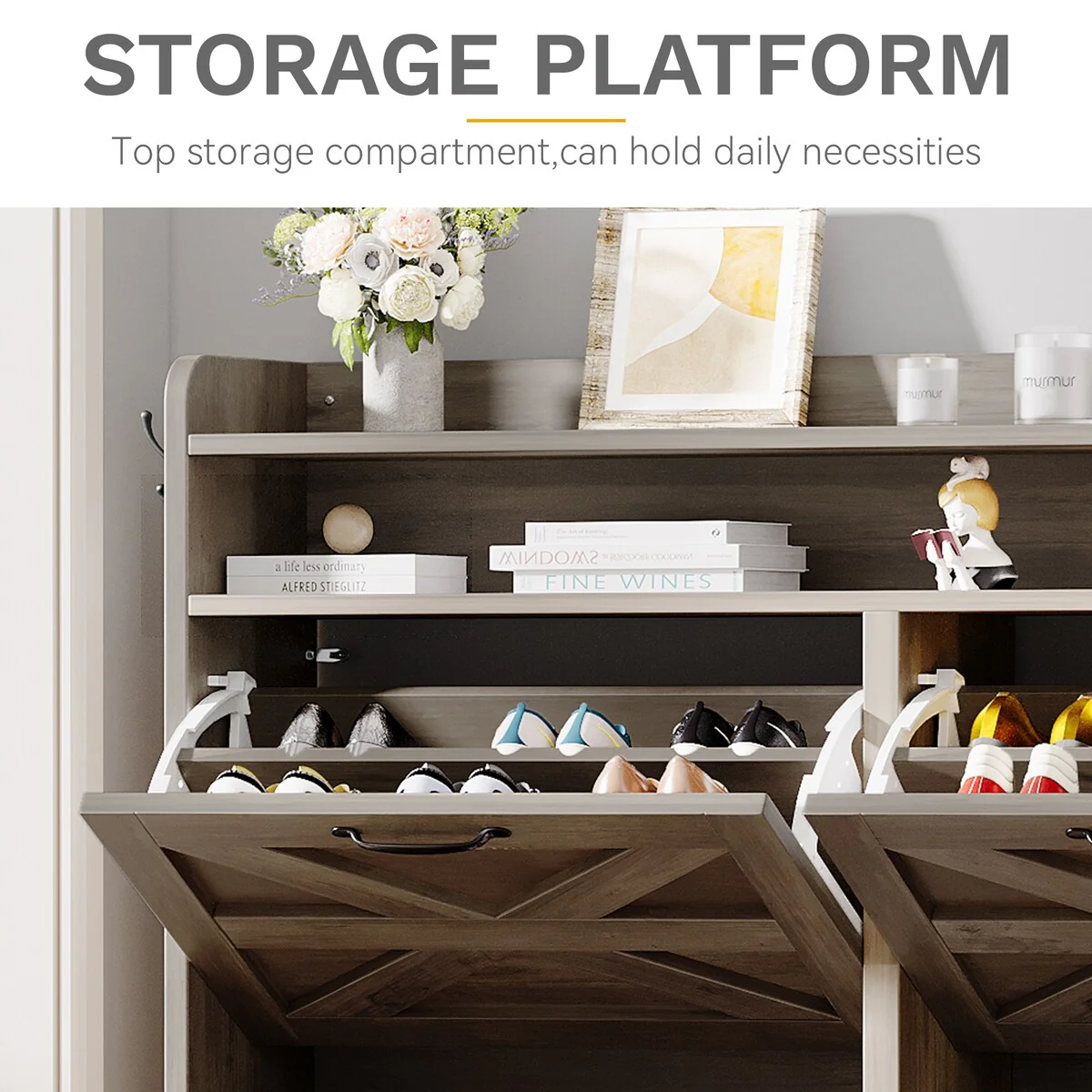 Moasis Farmhouse Flip Shoe Cabinet Shoe Storage Cabinet with 4 Flip Doors Adjustable Shelf - 47.2