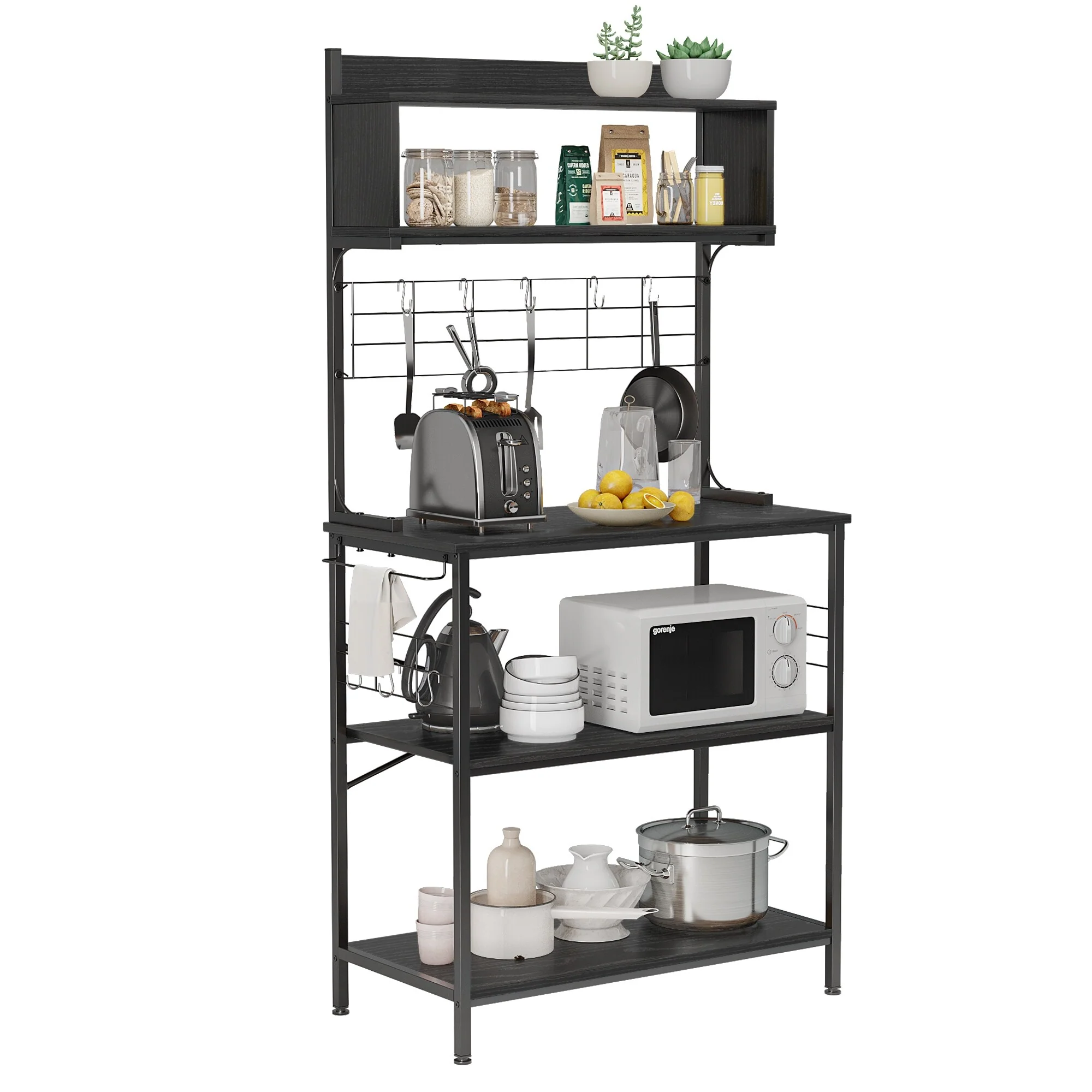 63 Inch Kitchen Baker's Rack with Hutch 8 Side Hooks
