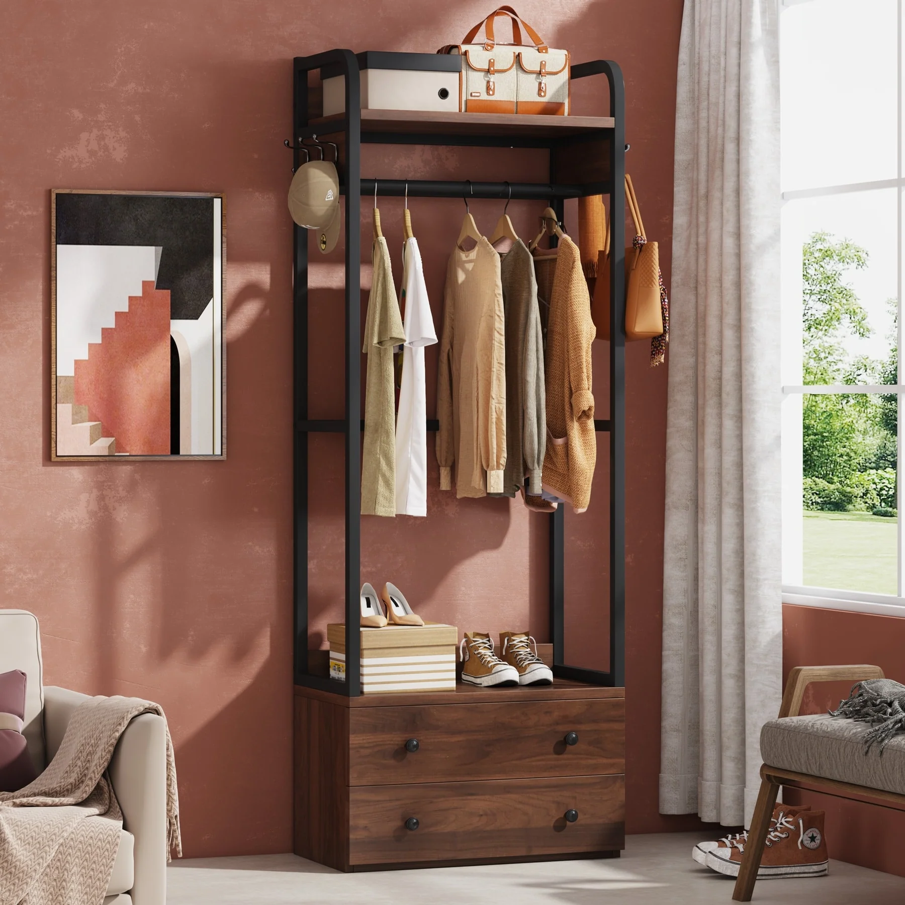 Freestanding Closet Organizer Small Clothes Rack Coat Rack with Drawers and Shelves