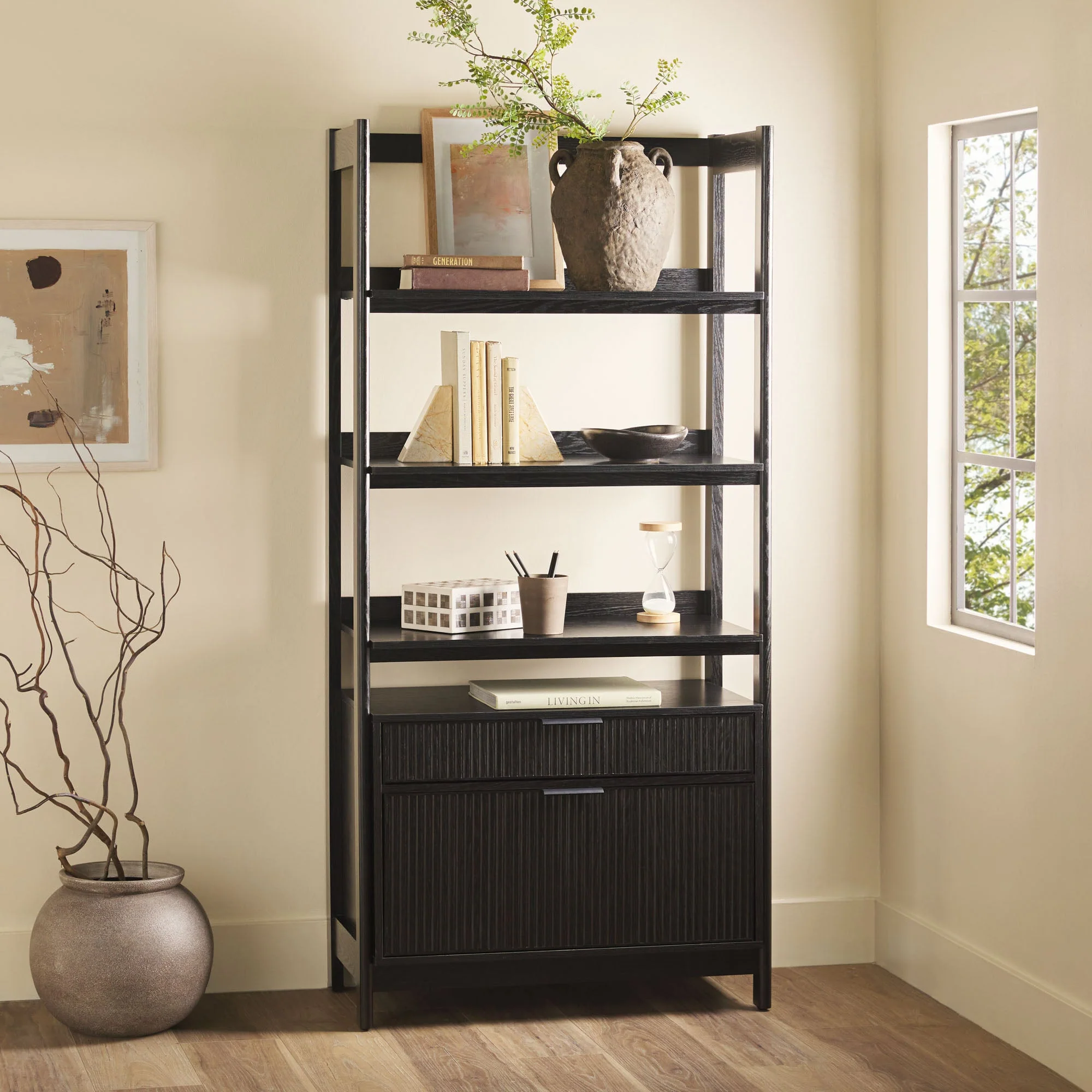 Thrived Fluted Bookcase with 2 Drawers and 4 Open Shelves