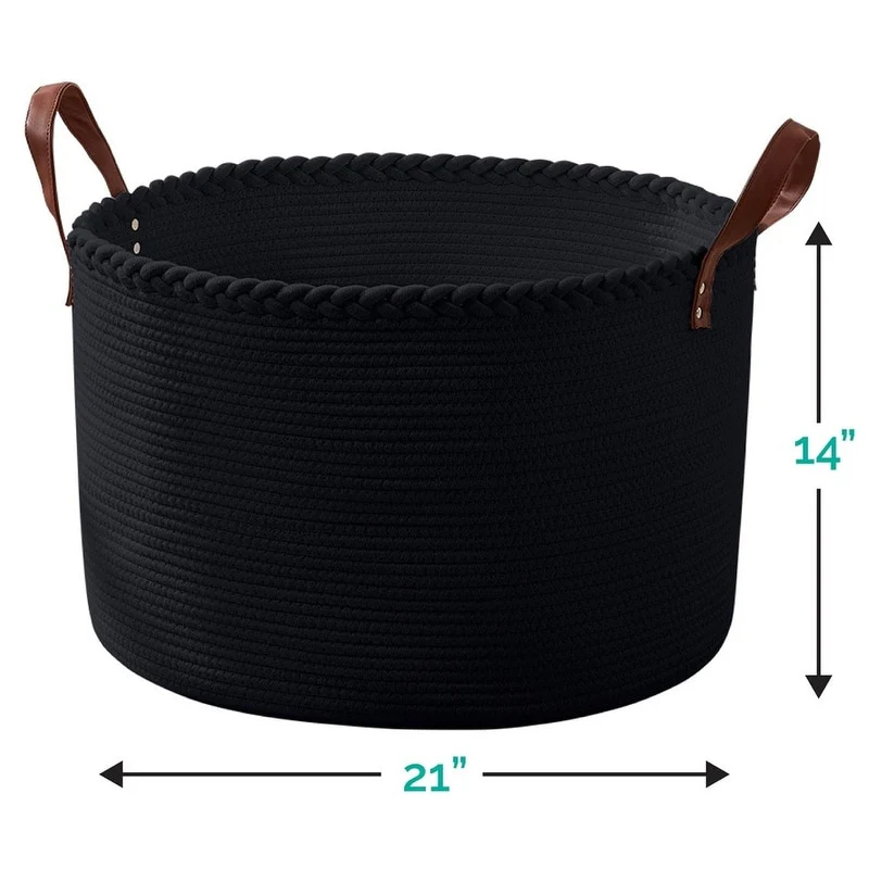 Large Round Cotton Rope Storage Basket Laundry Hamper with Leather Handles, 21 x 21 x 14 - 21
