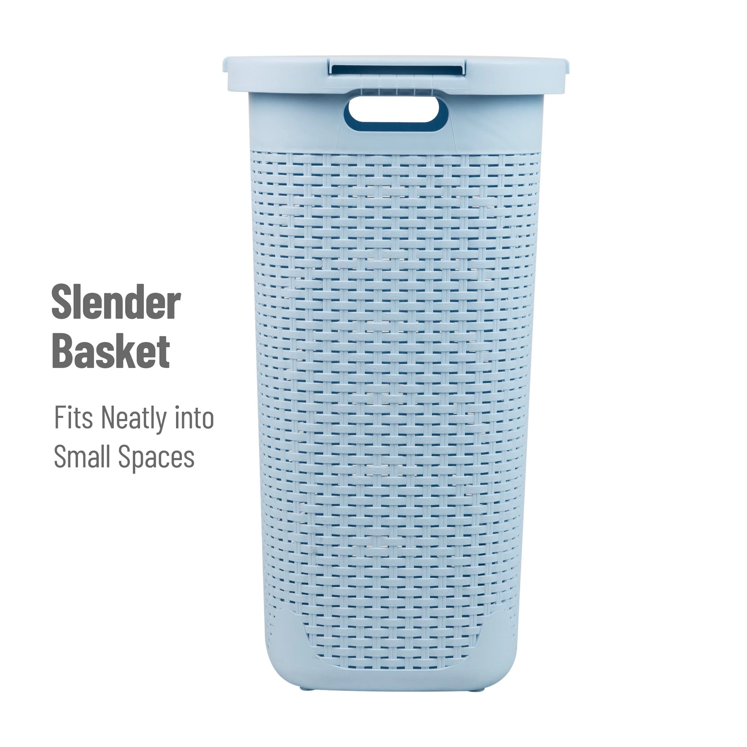 Mind Reader 60L Slim Laundry Hamper, Clothes Basket, Lid, Wicker Design, Plastic, 17.65
