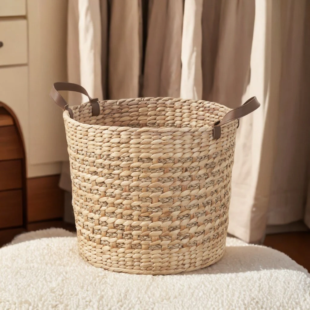 Maria Water Hyacinth Woven Round Brown Storage Basket