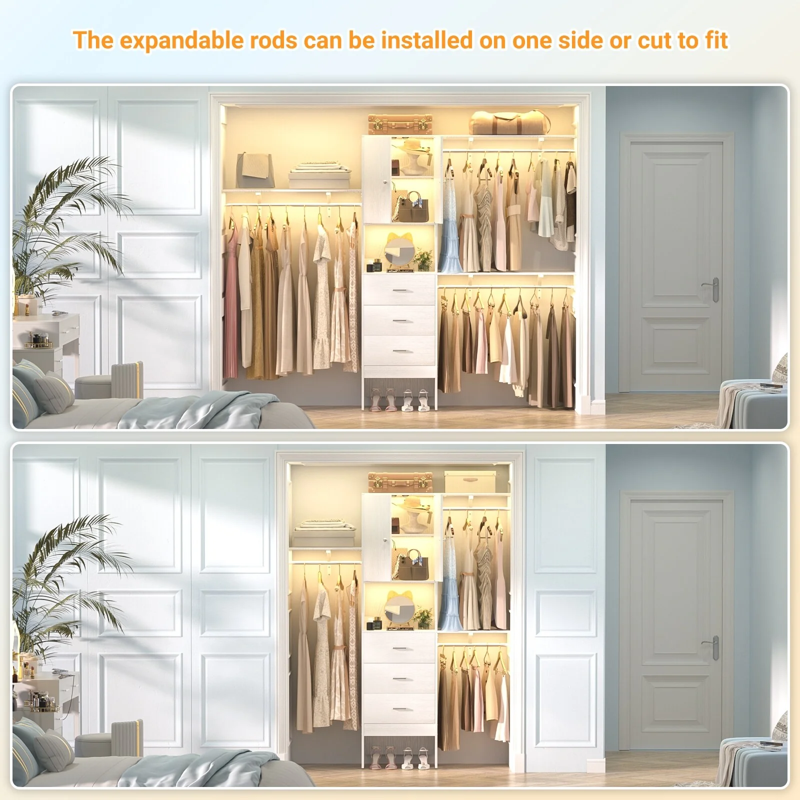 20''-96'' Wide Wooden Closet Organizer With Doors, Adjustable Closet System with Drawers and Hanging Rods