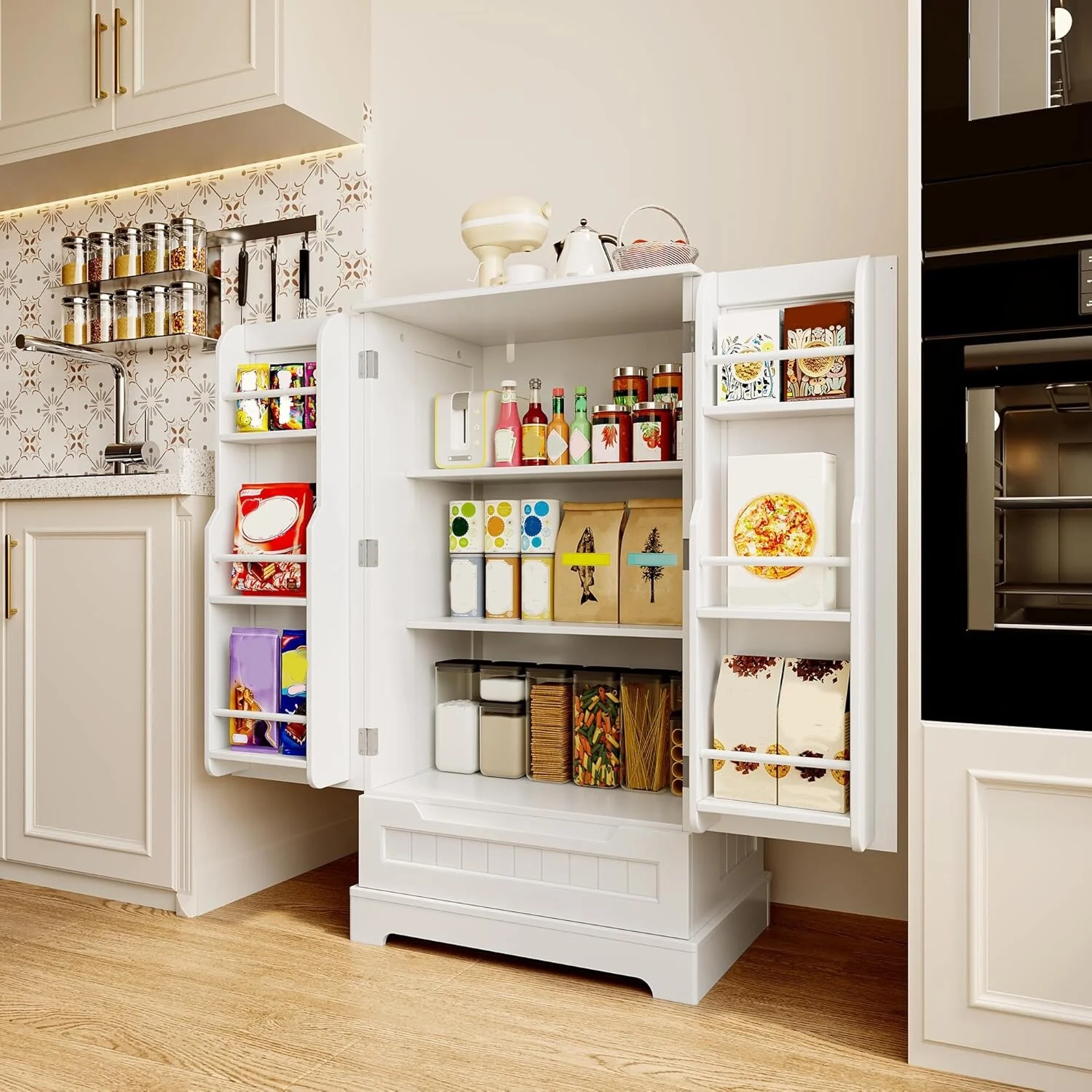 Kitchen Pantry Storage Cabinet, Freestanding Storage with Shelves and 1 Drawer