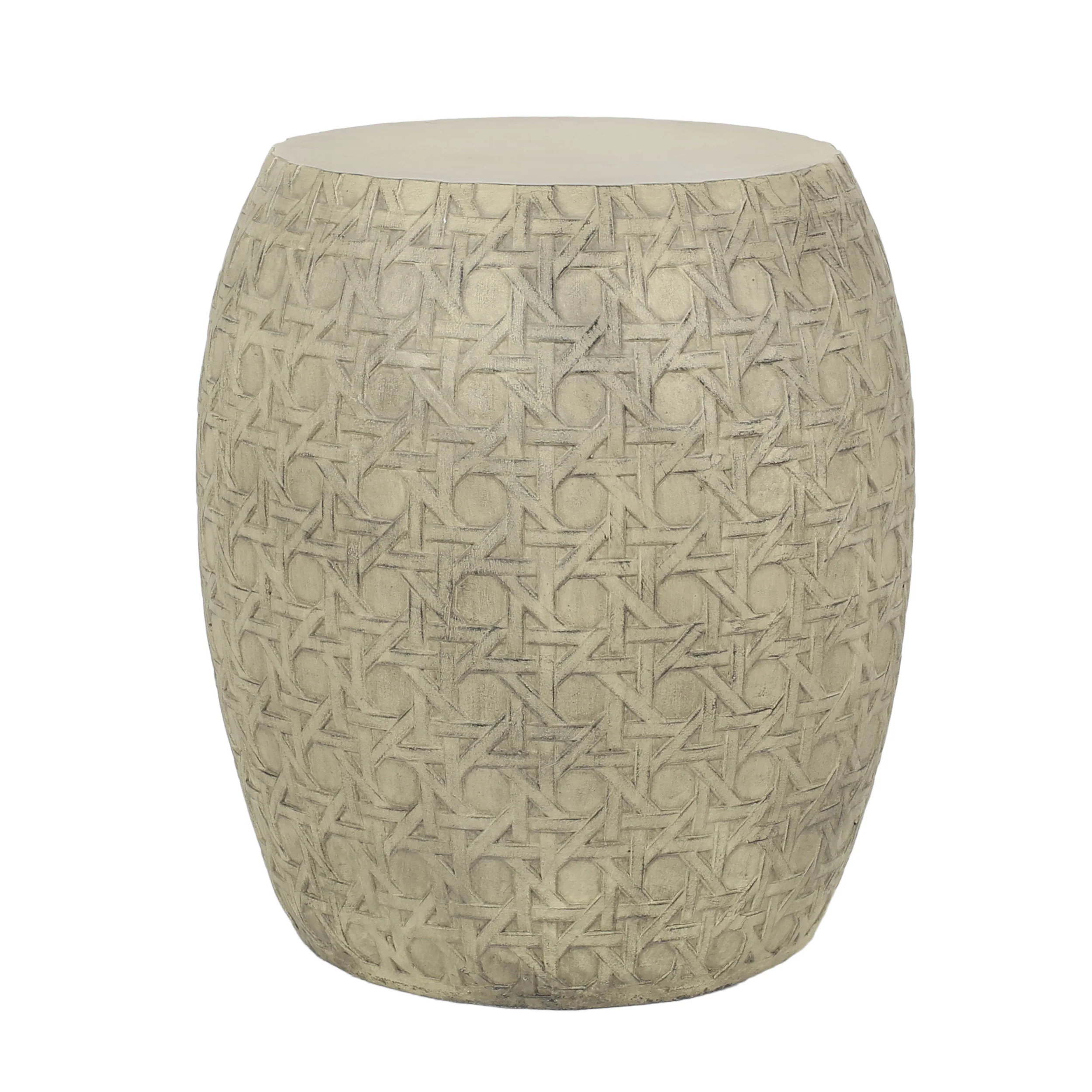 Outdoor Side Table with Barrel Structure and Intricate Cane Wicker Pattern