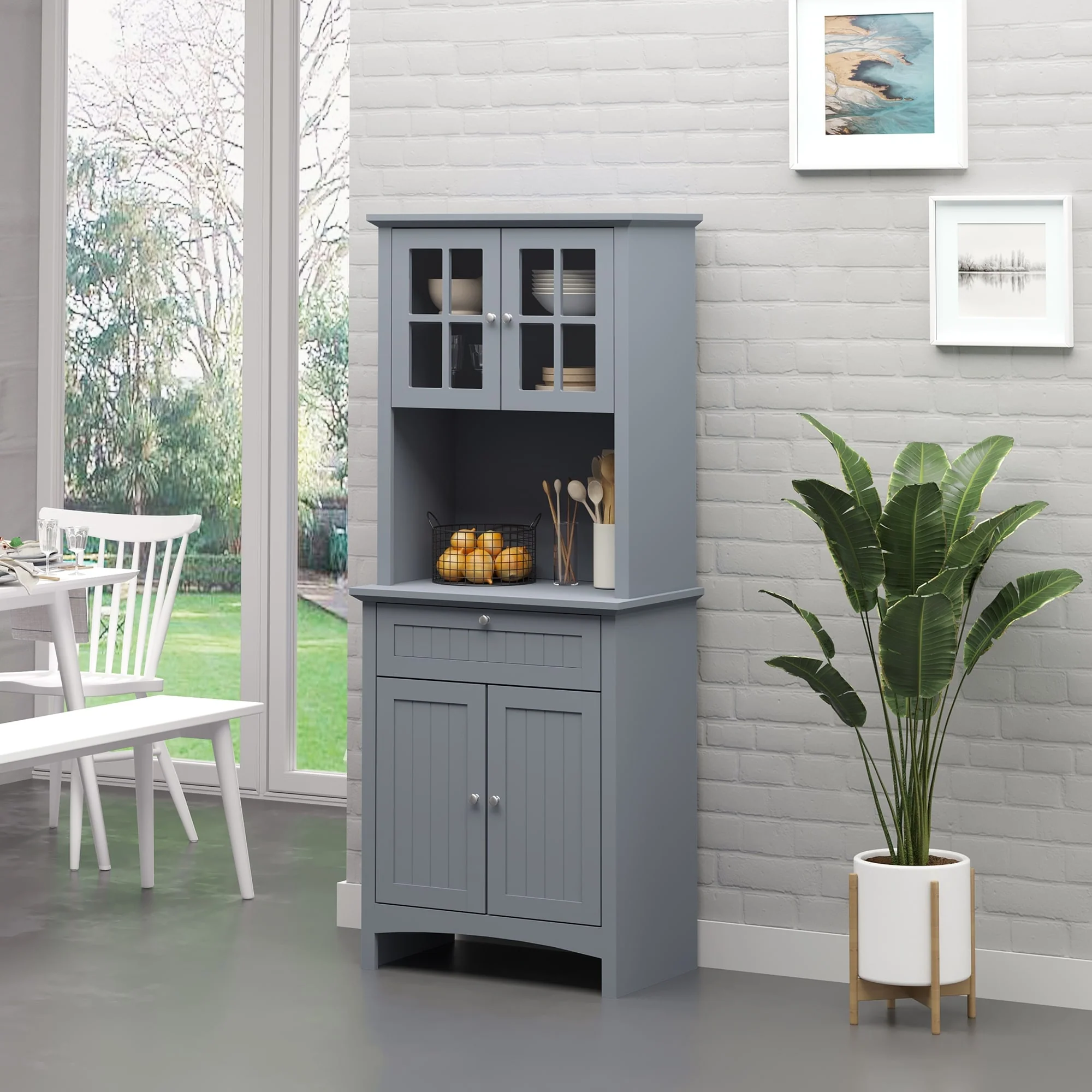 HOMCOM Kitchen Buffet Hutch Wooden Storage Cupboard with Framed Glass Door, Drawer and Microwave Space - 27