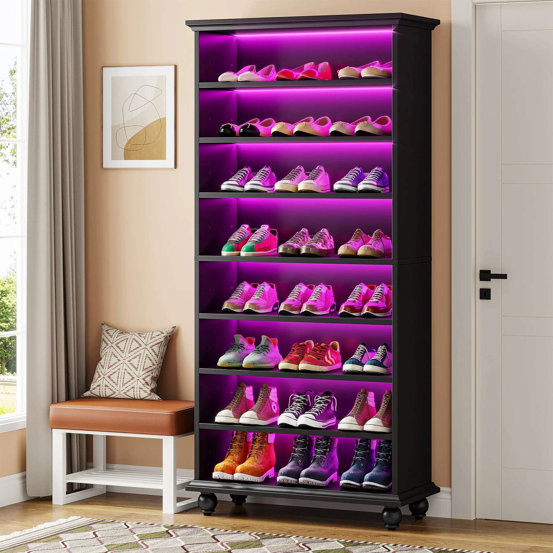Narrow Tall Shoe Storage Cabinet with LED Lighting for Entryway - 9-Tier