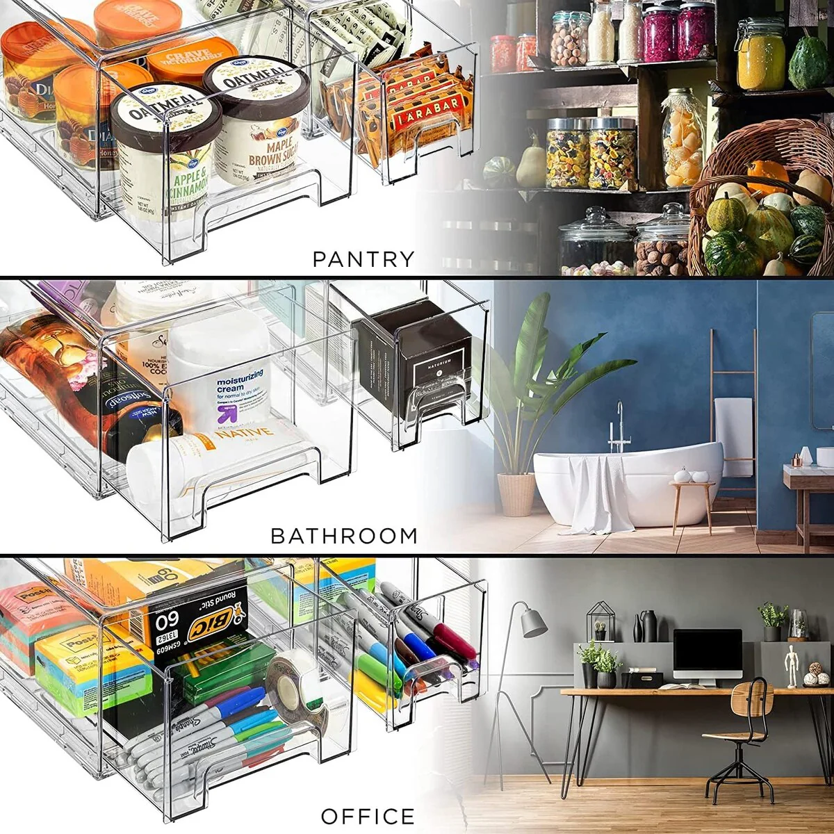 Sorbus Fridge Drawers Clear Stackable Pull-Out Refrigerator Food Kitchen Freezer - 1 Large, 2 Small Stackable Bins (3 Pack)