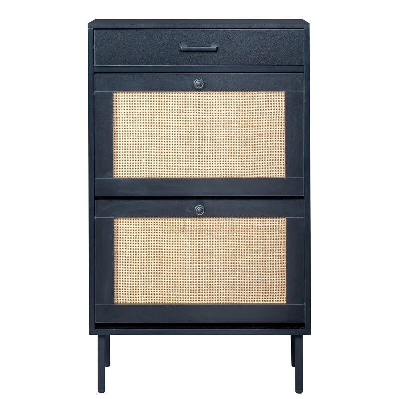 Real Rattan Shoe Cabinet with 2 Flip Drawers & 1 Small Drawer